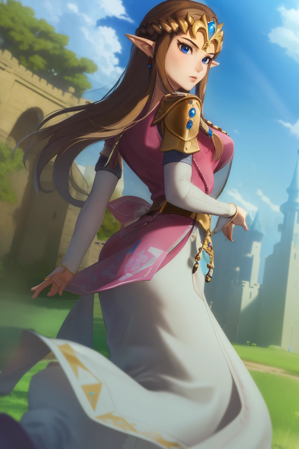 masterpiece, best_quality, 1girl, solo, princess zelda, twpr, nintendo, the legend of zelda, outdoors, castle