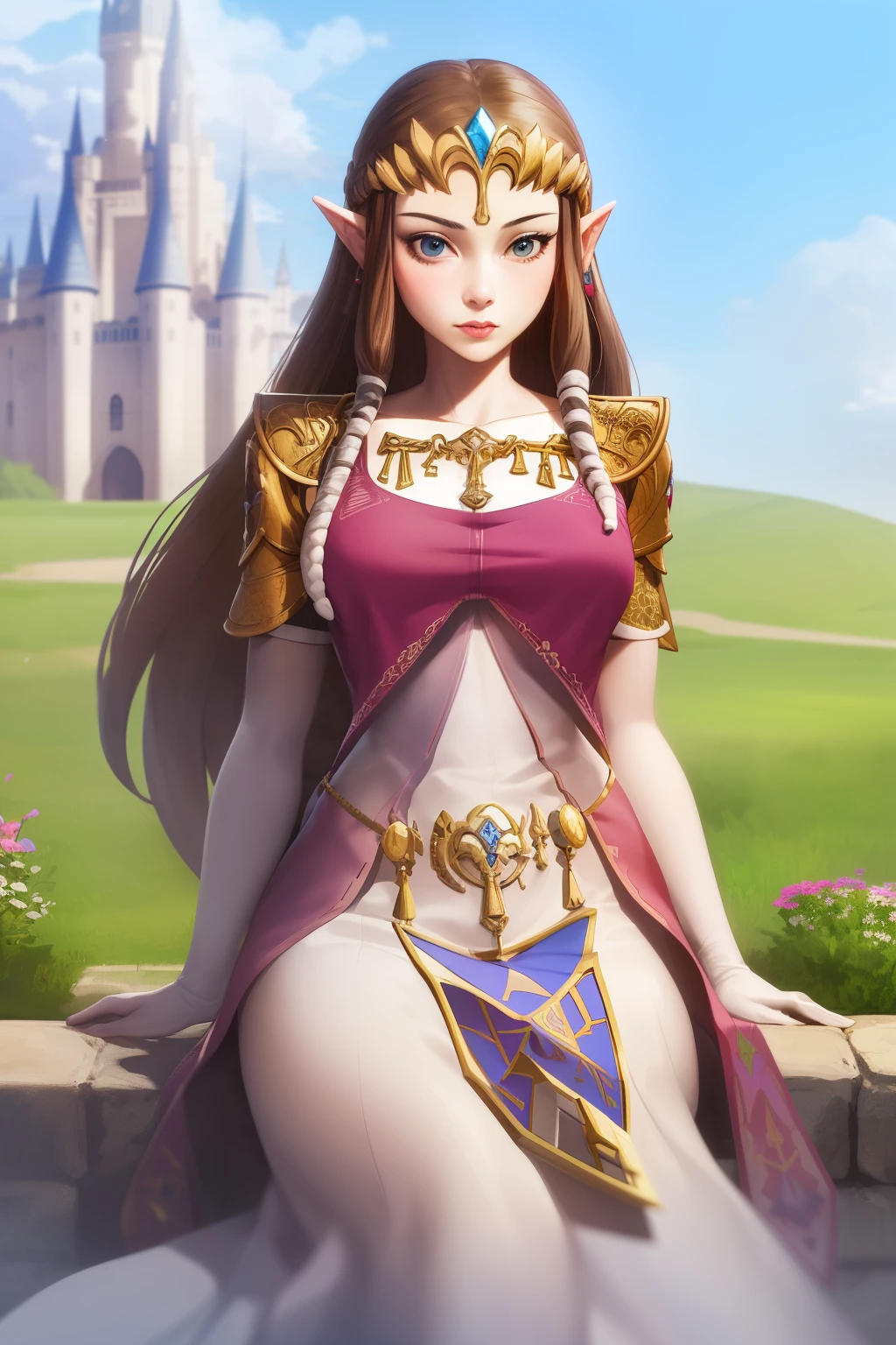 masterpiece, best_quality, 1girl, solo, princess zelda, twpr, nintendo, the legend of zelda, outdoors, castle