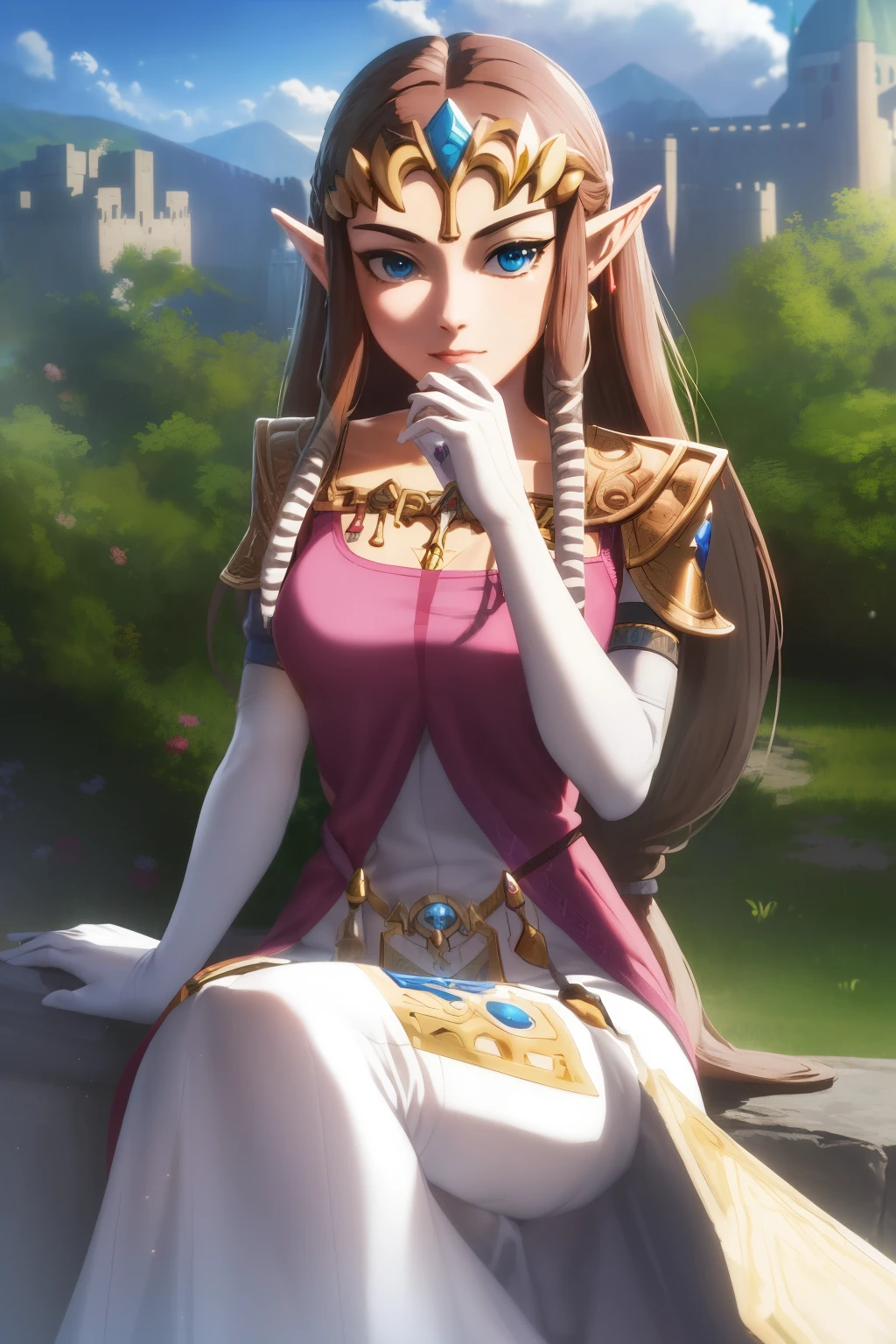 masterpiece, best_quality, 1girl, solo, princess zelda, twpr, nintendo, the legend of zelda, outdoors, castle