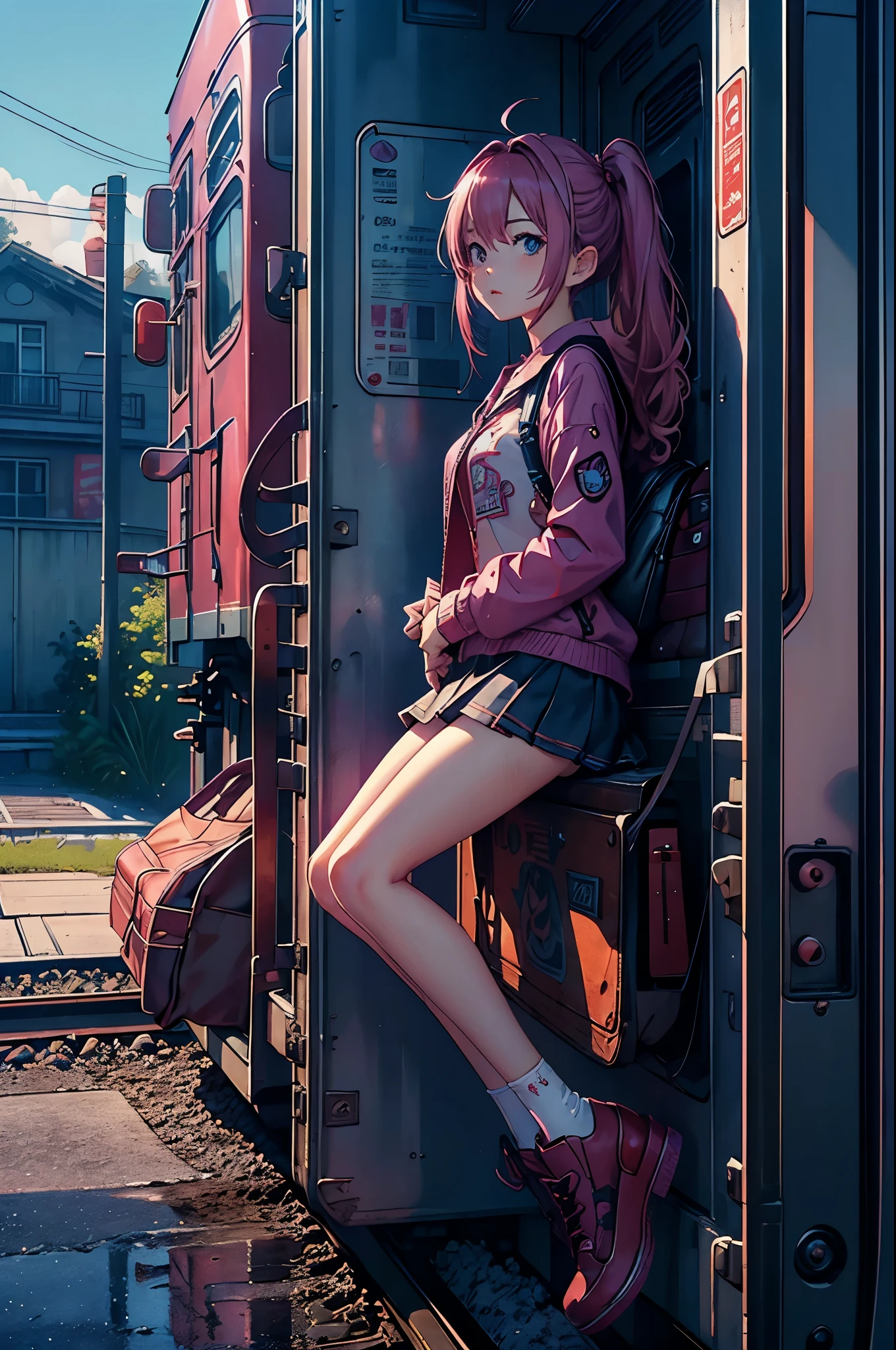 magenta tint、Vibrant colors、((tmasterpiece)))、(((quality)))、((ultra - detailed))、(Surreal)、(Very detailed CG illustration）、offcial art、CD cover、midsummer、The glorious 1980s、1 girl，Cool beauty、pretty eyes，incomparable beauty、Hair color、jaqueta de couro、Superskirt、student shoes，perfect angle、Perfectcomposition、(natta，trains，Yunxia)，
