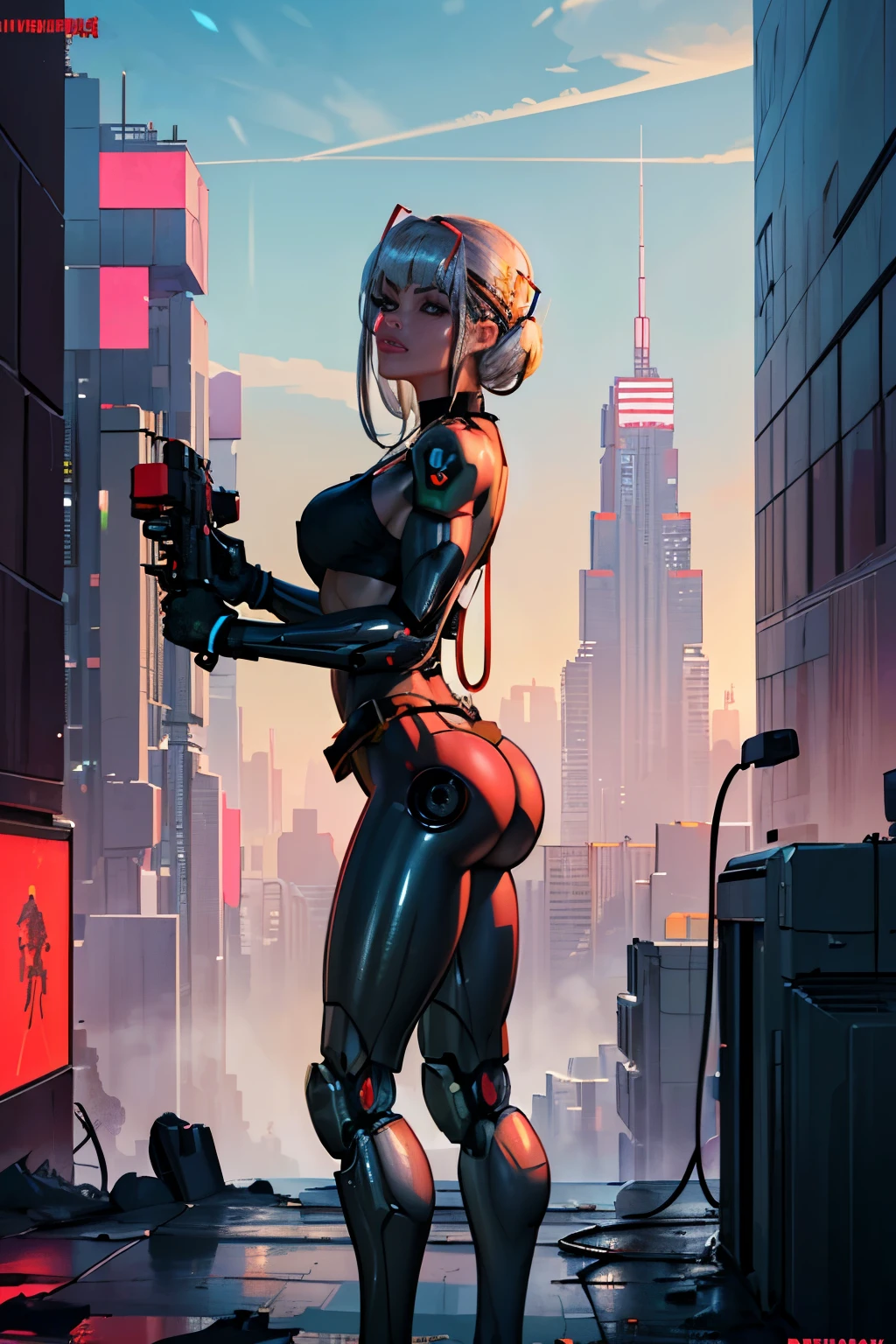 Dystopian, [sci-fi], High Detail RAW color Photo, Full Shot, rear angle, of (cute female arterial intelligence, wearing see-through white chemise), outdoors, standing, on overlook, looking out at sprawling cyberpunk city skyline), toned physique, large ass, (pale skin), perfect face, seductive look, (cybernetic implants:1.2), (augmentations), (cyborg:1.1), (detailed skin, diffused skin pores), silicone, metal, (highly detailed, fine details, intricate), (lens flare:0.5), (bloom:0.5), smog, dust, (badlands:0.8), (observitory:0.7), raytracing, specular lighting, shallow depth of field, photographed on a Sony Alpha 1, EF 85mm lens, f/2.8, hard focus, smooth, cinematic film still, [Cyberpunk:Orwelian:12]