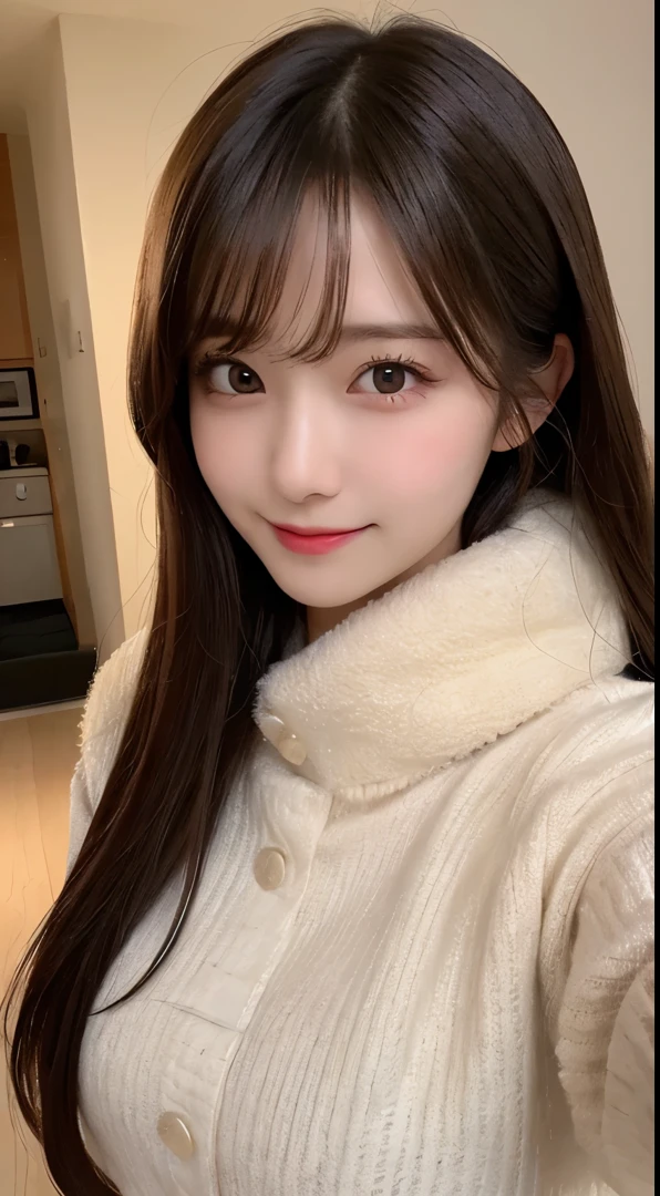 masutepiece, Best Quality, Illustration, Ultra-detailed, finely detail, hight resolution, 8K Wallpaper, Perfect dynamic composition, Beautiful detailed eyes, fluffy winter clothes,Medium Hair,small tits,Natural Color Lip, Bold sexy poses,Smile,Home()a room、20 years girl、Cute、Sexy shot looking at camera