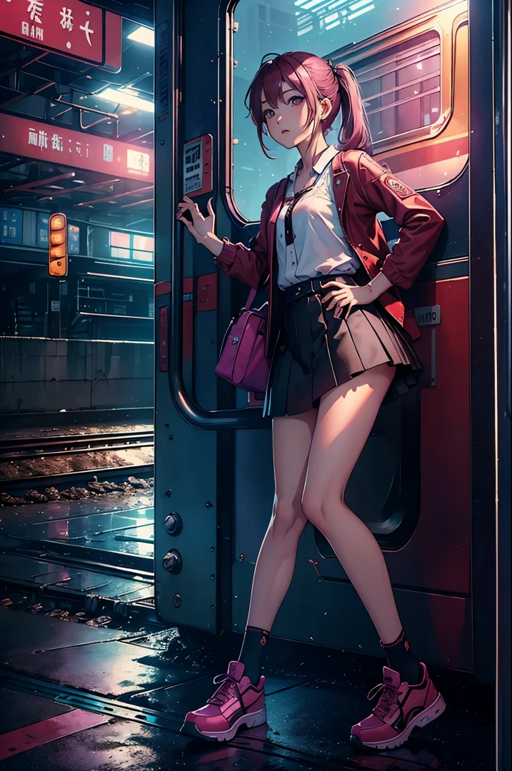 magenta tint、Vibrant colors、((tmasterpiece)))、(((quality)))、((ultra - detailed))、(Surreal)、(Very detailed CG illustration)、offcial art、CD cover、midsummer、The glorious 1980s、1 girl,Cool beauty、pretty eyes,incomparable beauty、Hair color、jaqueta de couro、Superskirt、student shoes,perfect angle、Perfectcomposition、(natta,trains,Yunxia),