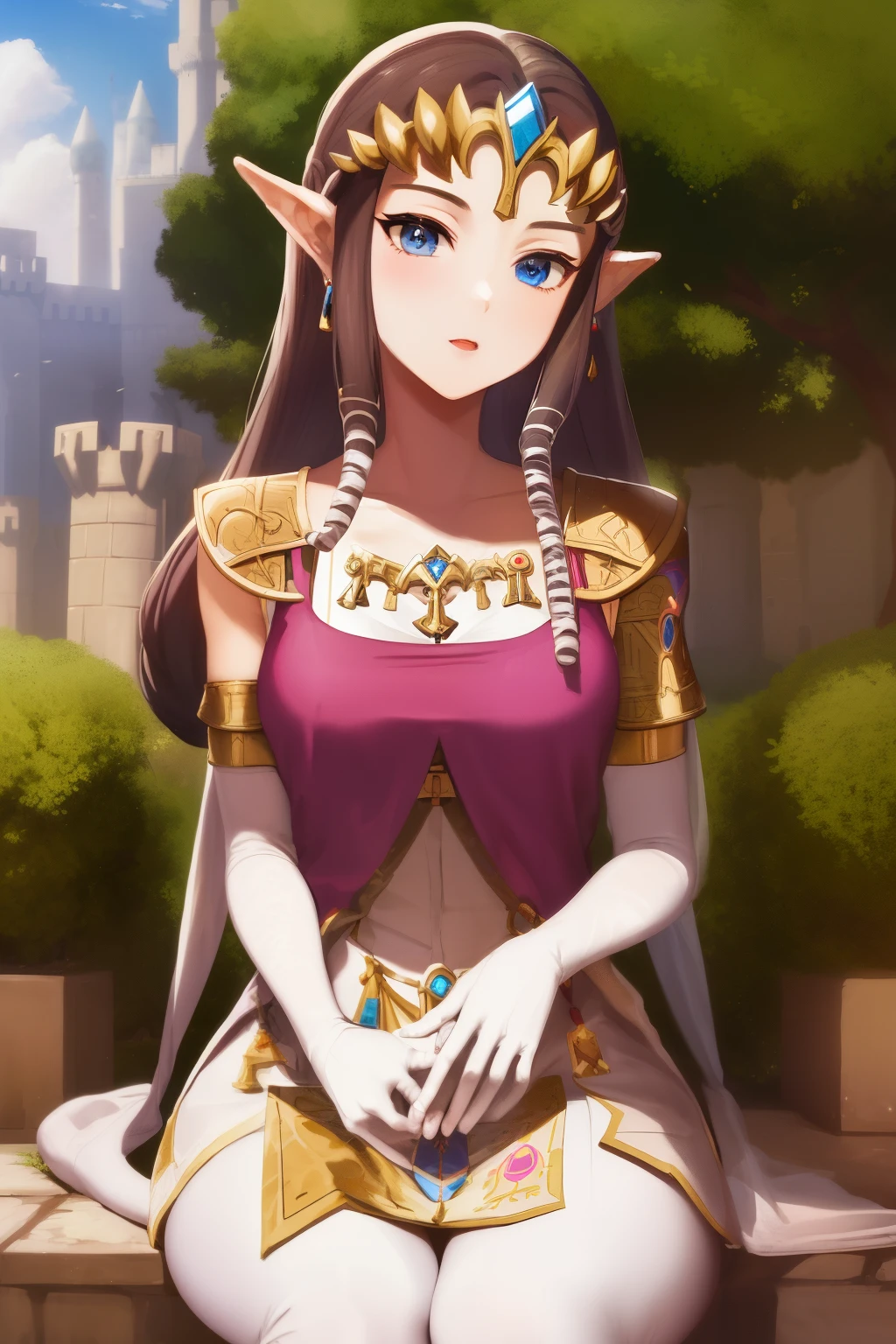 masterpiece, best_quality, 1girl, solo, princess zelda, twpr, nintendo, the legend of zelda, outdoors, castle