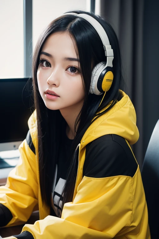 1girl, sitting, close up, YouTuber, look at the ceiling, candid, long black hair, in computer desk, brown eyes, black shirt, yellow jacket, wearing headphone, studio, high res, ultrasharp, 8K, masterpiece, realy scared, afraid