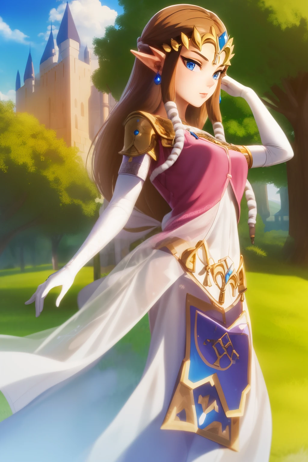 masterpiece, best_quality, 1girl, solo, princess zelda, twpr, nintendo, the legend of zelda, outdoors, castle