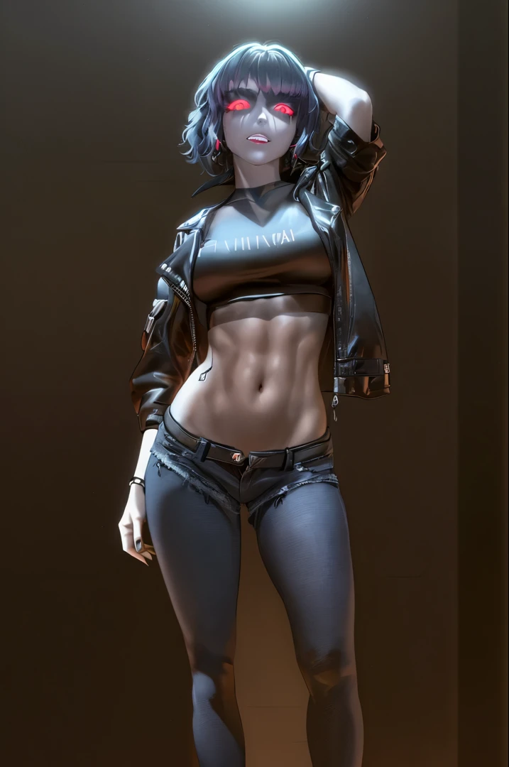 mulher loira com jaqueta de couro preta e shorts jeans posando para uma foto, Cyberpunk 2 0 e. o modelo , foto de modelo de menina modelo bonito da mulher cyberpunk, Fantasia sombria cyberpunk sedutora, modelo com corpo atraente, menina de anberpunk feminino, olhar sexy, sutiã e shorts streetwear, Camisa de corte e abdominais fortes, roupa estilo cyberpunk, estilo sexy, modelo de moda ciborgue