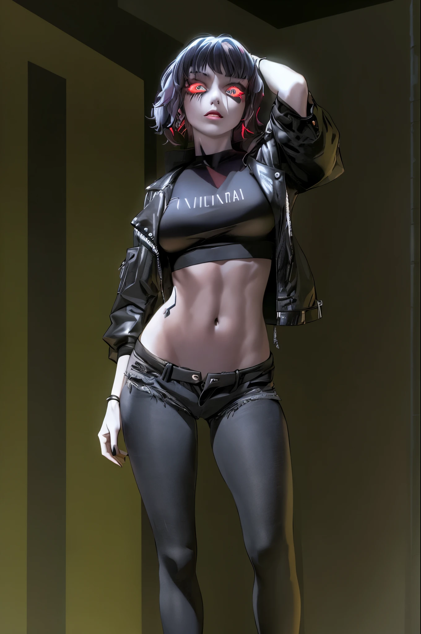 mulher loira com jaqueta de couro preta e shorts jeans posando para uma foto, Cyberpunk 2 0 e. o modelo menina, foto de modelo de menina slim, modelo bonito da mulher cyberpunk, Fantasia sombria cyberpunk sedutora, modelo com corpo atraente, menina de anime cyberpunk feminino, olhar sexy, sutiã e shorts streetwear, Camisa de corte e abdominais fortes, roupa estilo cyberpunk, estilo sexy, modelo de moda ciborgue