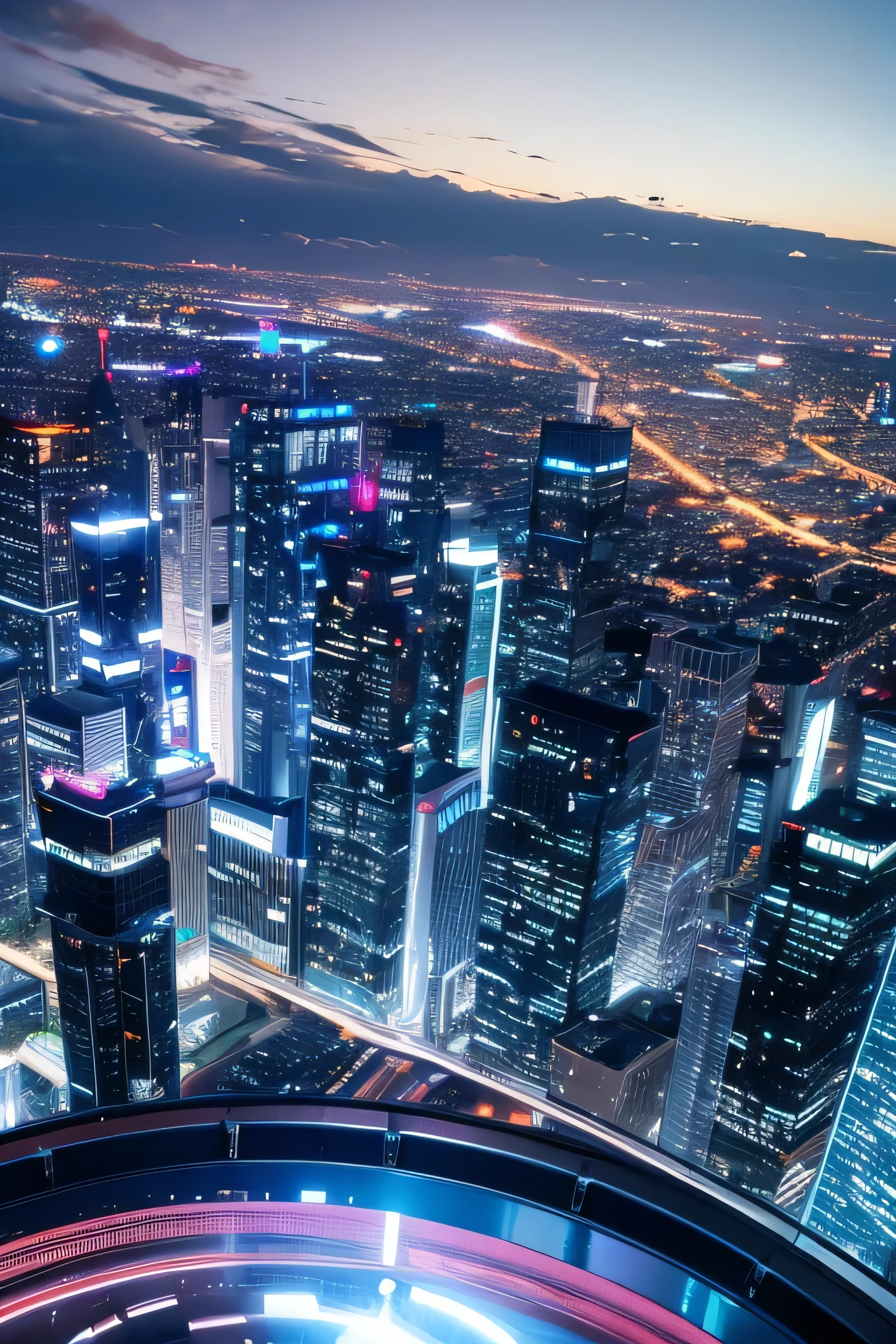 view of the tech city at night from the top of a skyscraper, Space, 8K, 16k, ultrarealism.