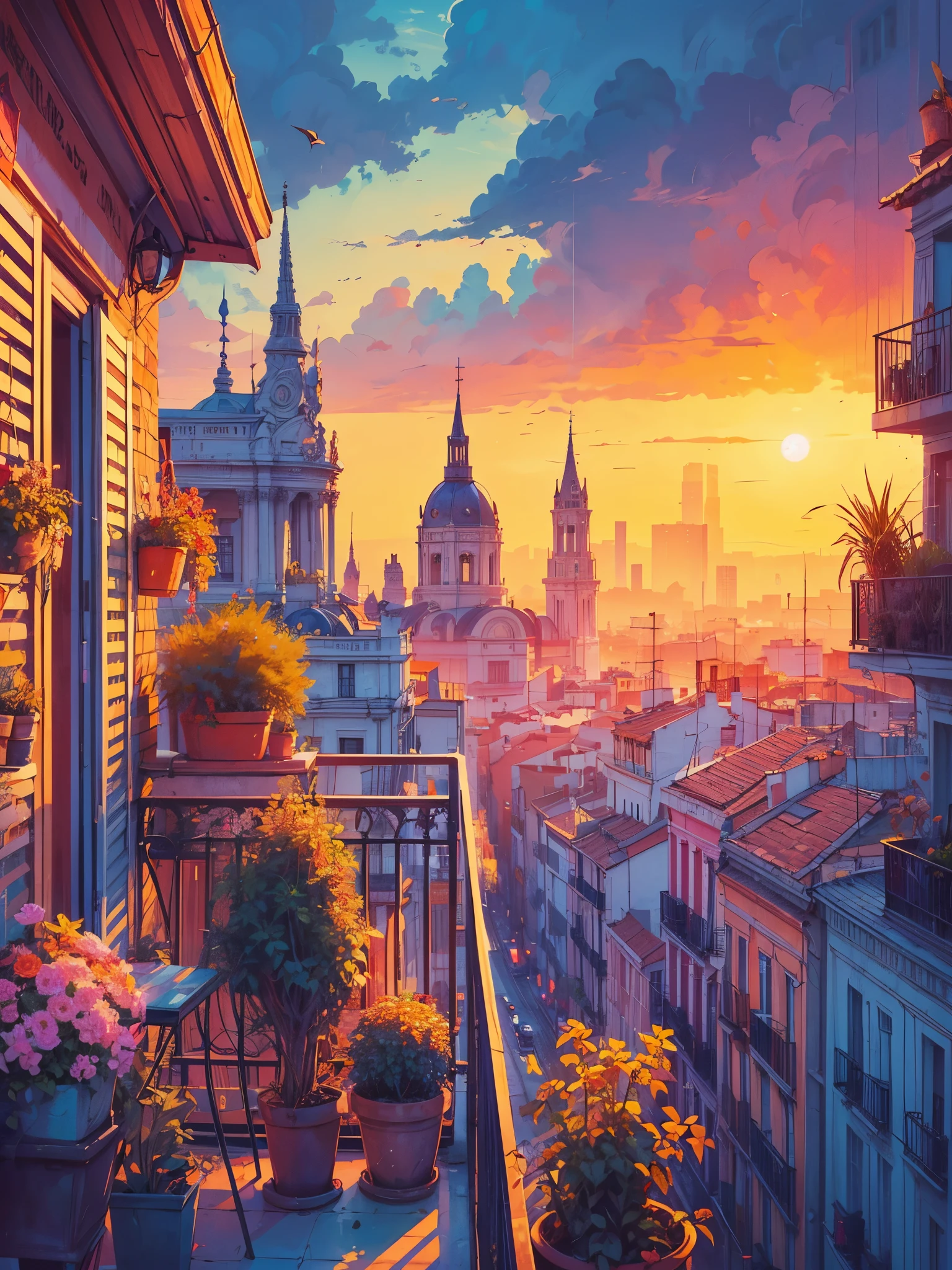 Draw an digital simple art of wide lofi scene of madrid sunset from balcony, hustle bustle of city, plants in pots, windows, beautiful cloudy sky, vibrant color tones, masterpiece, peaceful scene