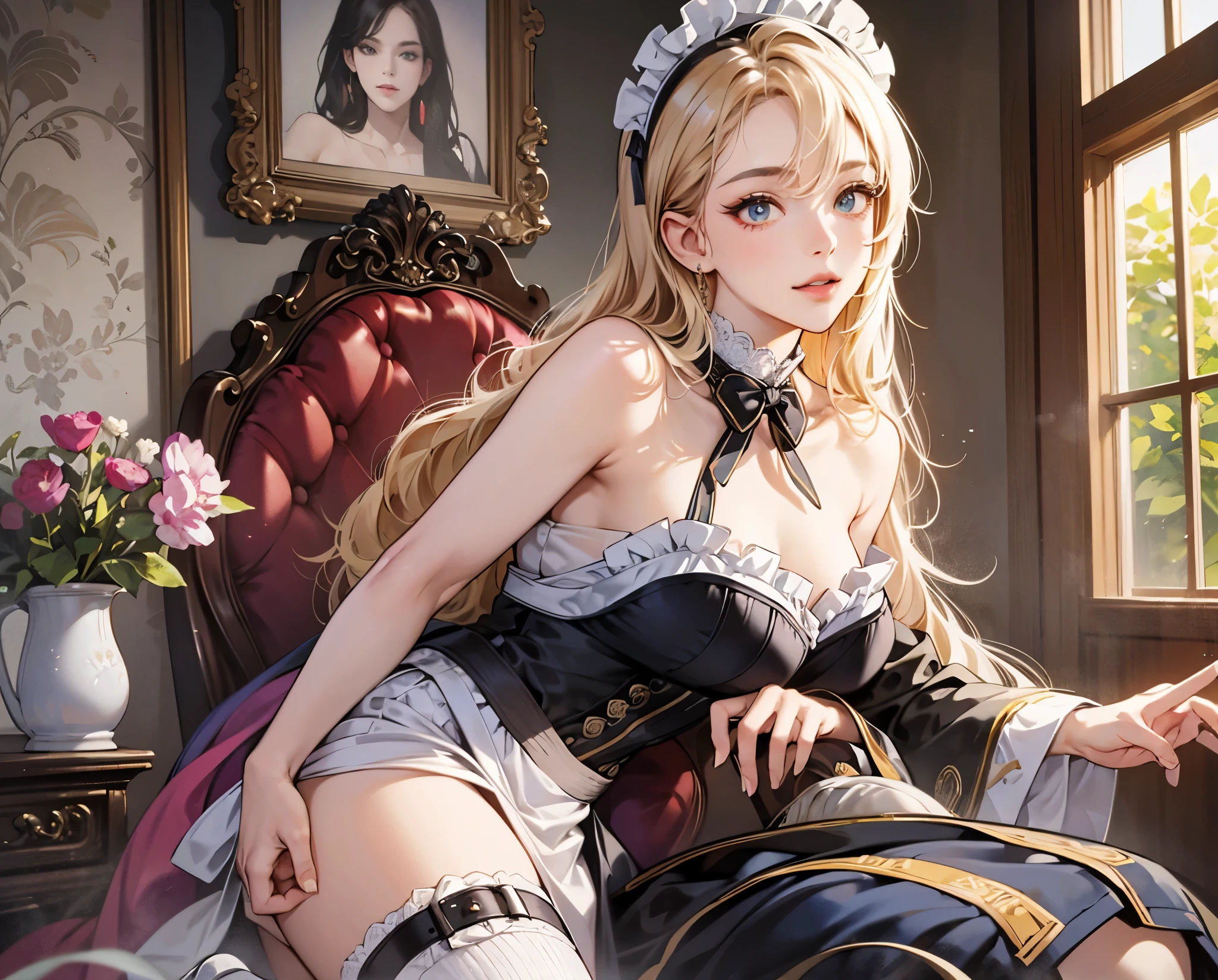 top-quality、realistic touch,high-detail、photoRealstic、 、High school students、Long body、Sheer costumes、Not wearing underwear、big eye、long lashes、Long upper eyelashes、platinum-blonde、cute little、Beautie、A sexy、full body Esbian、Sparkling eyes、Submissive smile、Flushed cheeks、Kamimei、Pose with buttocks sticking out、thin-waist、Sleeveless、visible from the side、Sexy armpits、Voluptuous thighs、Enraptured look、Apron Costume、Plump thighs protruding from knee socks、A maid working in a nobleman's mansion、Clothes with open sides、Tube Top Costume --auto --s2