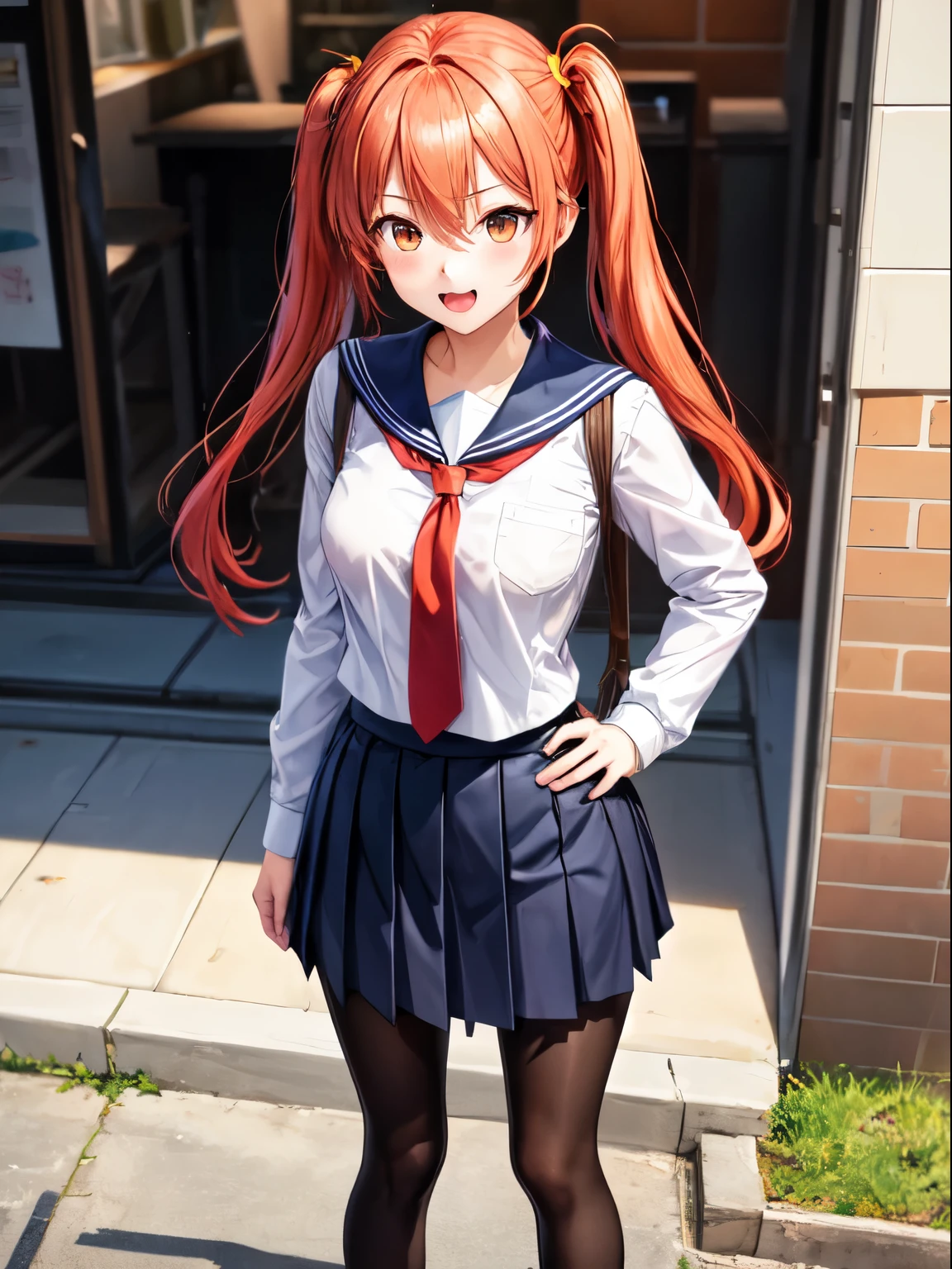 solo, 1girl, masterpiece, best quality, ueno-san_wa_bukiyou01, skirt, red eyes, hair between eyes, twintails, school uniform, standing, white shirt, pantyhose, red hair, pleated skirt, necktie, shoes, serafuku, fang, orange hair, blue skirt, orange eyes, black pantyhose, peeing self, peeing, pee,
