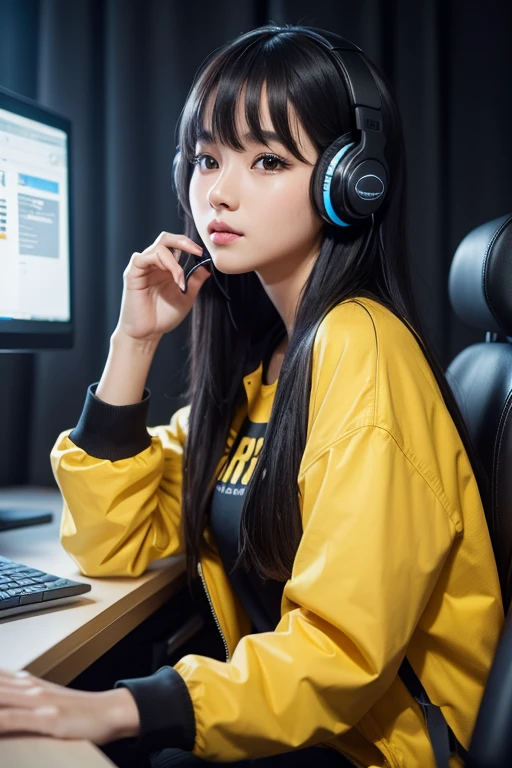 1girl, sitting, close up, YouTuber, look at the monitor closely, candid, long black hair, in computer desk, brown eyes, black shirt, yellow jacket, wearing headphone, studio, high res, ultrasharp, 8K, masterpiece, very amazed