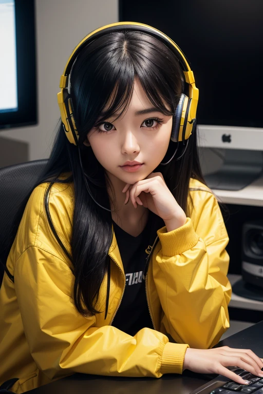1girl, sitting, close up, YouTuber, look at the monitor closely, candid, long black hair, in computer desk, brown eyes, black shirt, yellow jacket, wearing headphone, studio, high res, ultrasharp, 8K, masterpiece, very amazed