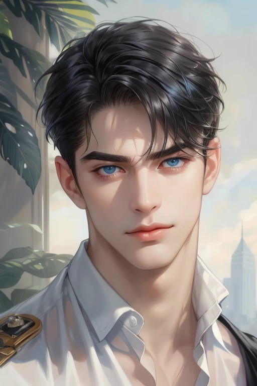 masterpiece, best quality, realistic, 1man, male focus, mature, tall muscular, handsome, [thick eyebrows], portrait, extremely detailed face, short black Quiff hair with Soft Fringe (bangs part on side 3:7 ratio), (blue eyes), no smile