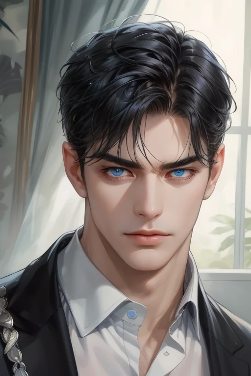 masterpiece, best quality, realistic, 1man, male focus, mature, tall muscular, handsome, [thick eyebrows], portrait, extremely detailed face, short black Quiff hair with Soft Fringe (bangs part on side 3:7 ratio), (blue eyes), no smile