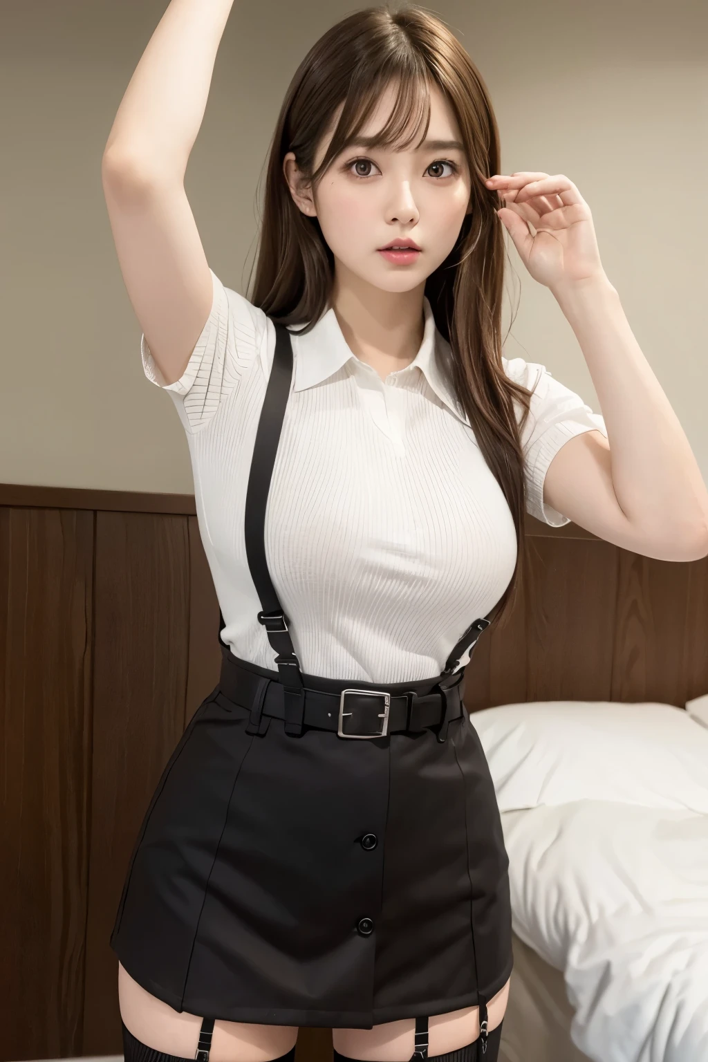 masterpiece、Flat Color、Depth of written boundary、Lens Flare 1 Girl、、Brown Hair、Staring at the audience bulging big breasts Armpit sweat sweating 両手のside wall: Black mini skirt garter belt sight Small face bangs over eyes side Mouse-colored eyes holster Belt cutter shirt