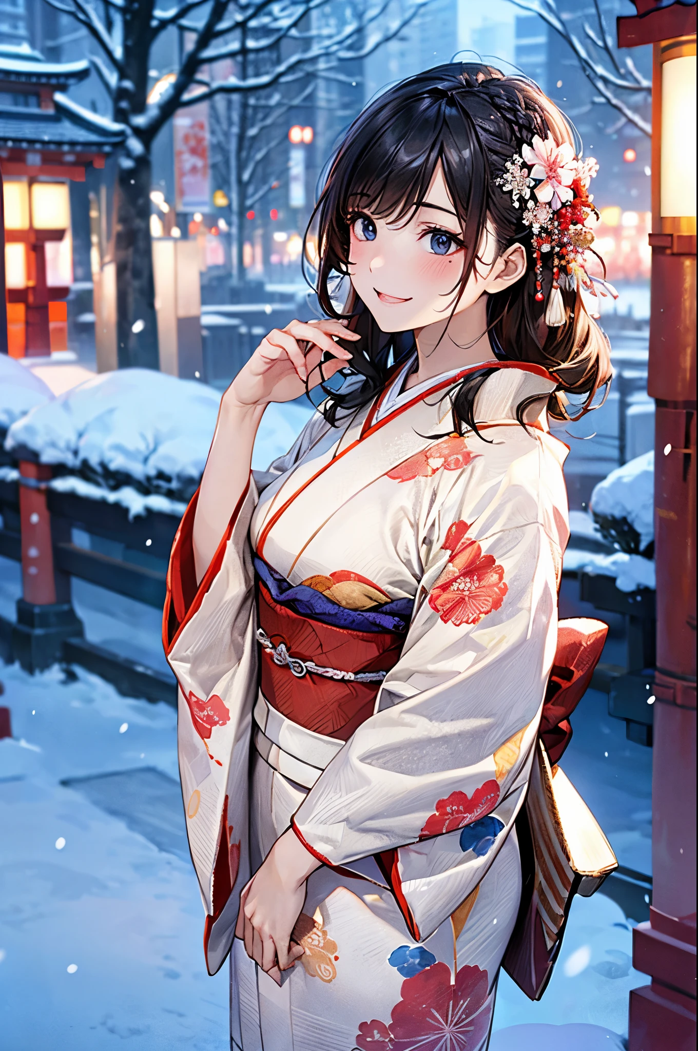 ((perfect anatomy, anatomically correct, super detailed skin)),
1 girl, japanese, high school girl, shiny skin, large breasts:0.5, looking away, looking up, watching the view, from below,
beautiful hair, beautiful face, beautiful detailed eyes, (middle hair:1.5, japanese hair:1.5), black hair, blue eyes, babyface, mole under eye,
((red floral kimono, hair ornament)),
((smile:1.5, open your mouth wide)), walking,
(beautiful scenery), winter, dawn, (new year's day, first visit), hokkaido, sapporo, outside hokkaido shrine, crowd, snow, snowfall:1.5, freezing weather, frost,
(8k, top-quality, masterpiece:1.2, extremely detailed), (photorealistic), beautiful illustration, natural lighting,