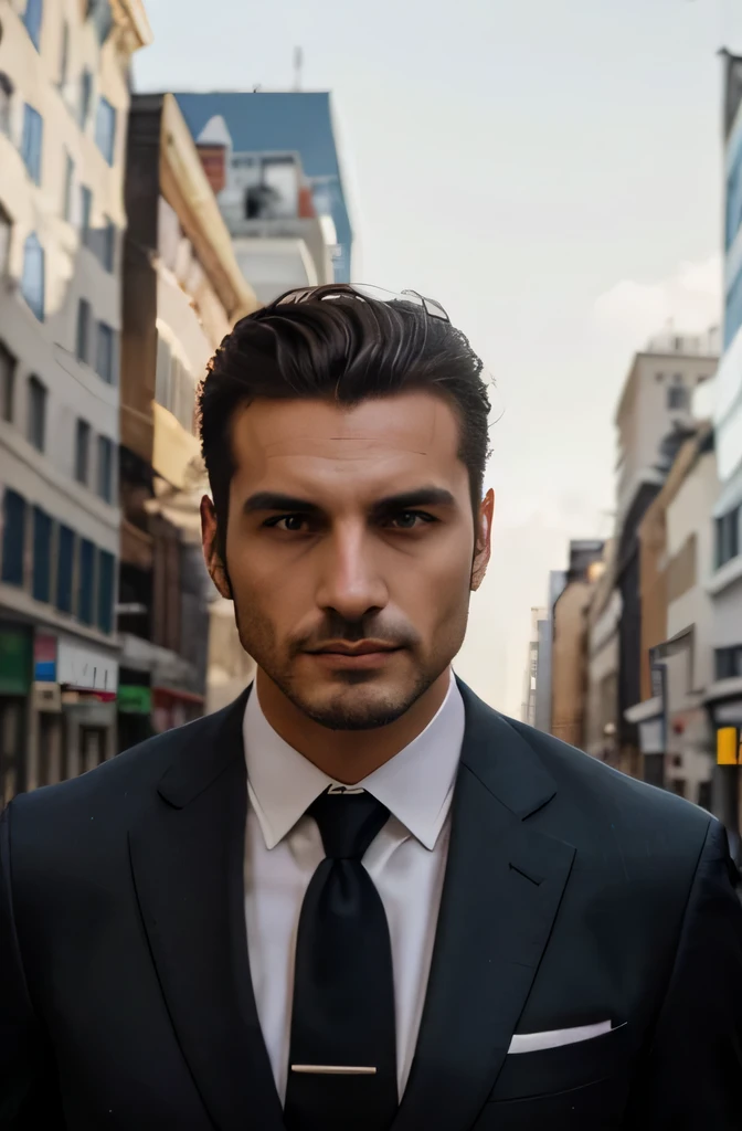A very handsome man named Giorgio Totti, 29 years old, dark brown hair, Italian origin, wears suit, wears executive clothes on a sidewalk in the big city, real photo, strong jawline, strong look, dyed platinum blond hair with tips a little bit faded.