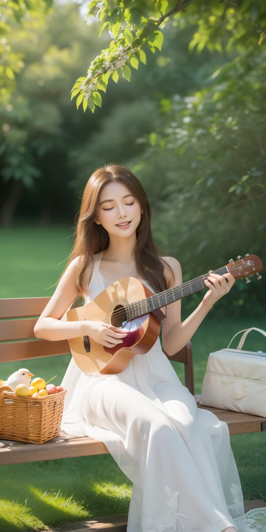 (tmasterpiece, Best quality at best, Photorealistic, A high resolution:1.3), Young girls, (elegant guitarist:1.2), (long chestnut brown hair:1.1), (soft hazel eyes:1.2) exuding warmth, Tranquil outdoor environment, (Sunny garden:1.2), flowers in full bloom, vibrant butterflies, light wind, (White summer dress:1.1), Walking barefoot on the green grass, (acoustic electric guitar:1.2), Fingers gently pluck the strings, (Melodious :1.1), Enchanting melodies fill the air, soft sun light, a warm color palette, peacefulatmosphere, (A satisfied smile:1.2), Close your eyes in harmony, (singing birds:1.2) perch nearby, intimacy with nature, (bench:1.1), old age, (Picnic basket:1.1) Served with fruit and wine, golden hour glow, (Emotional resonance:1.2), bird's eyes view, immerse in the moment, (Scenes:1.3), soft sun light投射出长长的影子, Dense trees in the background, Calm happiness.