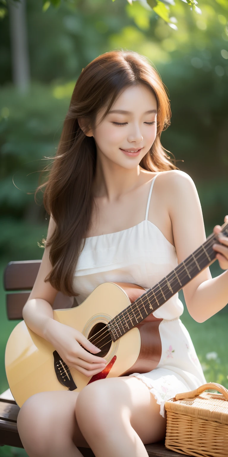 (tmasterpiece, Best quality at best, Photorealistic, A high resolution:1.3), Young girls, (elegant guitarist:1.2), (long chestnut brown hair:1.1), (soft hazel eyes:1.2) exuding warmth, Tranquil outdoor environment, (Sunny garden:1.2), flowers in full bloom, vibrant butterflies, light wind, (White summer dress:1.1), Walking barefoot on the green grass, (acoustic electric guitar:1.2), Fingers gently pluck the strings, (Melodious :1.1), Enchanting melodies fill the air, soft sun light, a warm color palette, peacefulatmosphere, (A satisfied smile:1.2), Close your eyes in harmony, (singing birds:1.2) perch nearby, intimacy with nature, (bench:1.1), old age, (Picnic basket:1.1) Served with fruit and wine, golden hour glow, (Emotional resonance:1.2), bird's eyes view, immerse in the moment, (Scenes:1.3), soft sun light投射出长长的影子, Dense trees in the background, Calm happiness.