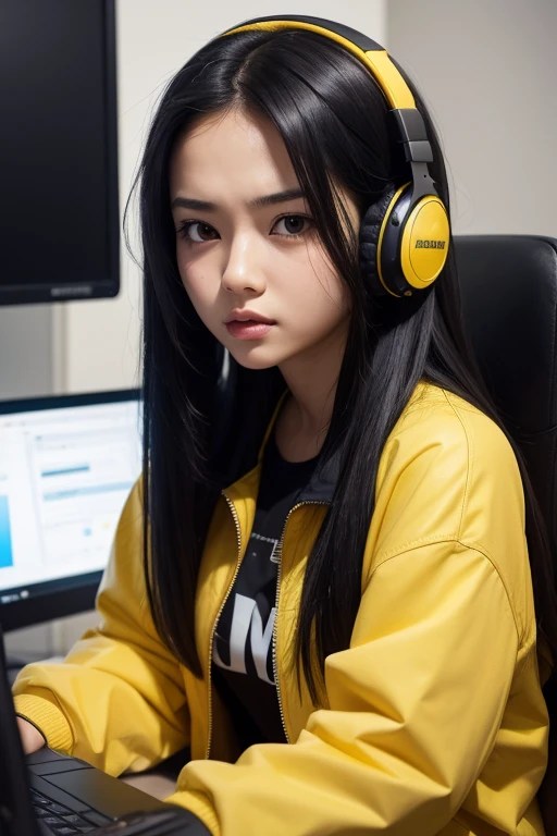 1girl, sitting, close up, YouTuber, look at the computer closely, shout, very angry, sad, candid, long black hair, in computer desk, brown eyes, black shirt, yellow jacket, wearing headphone, studio, high res, ultrasharp, 8K, masterpiece