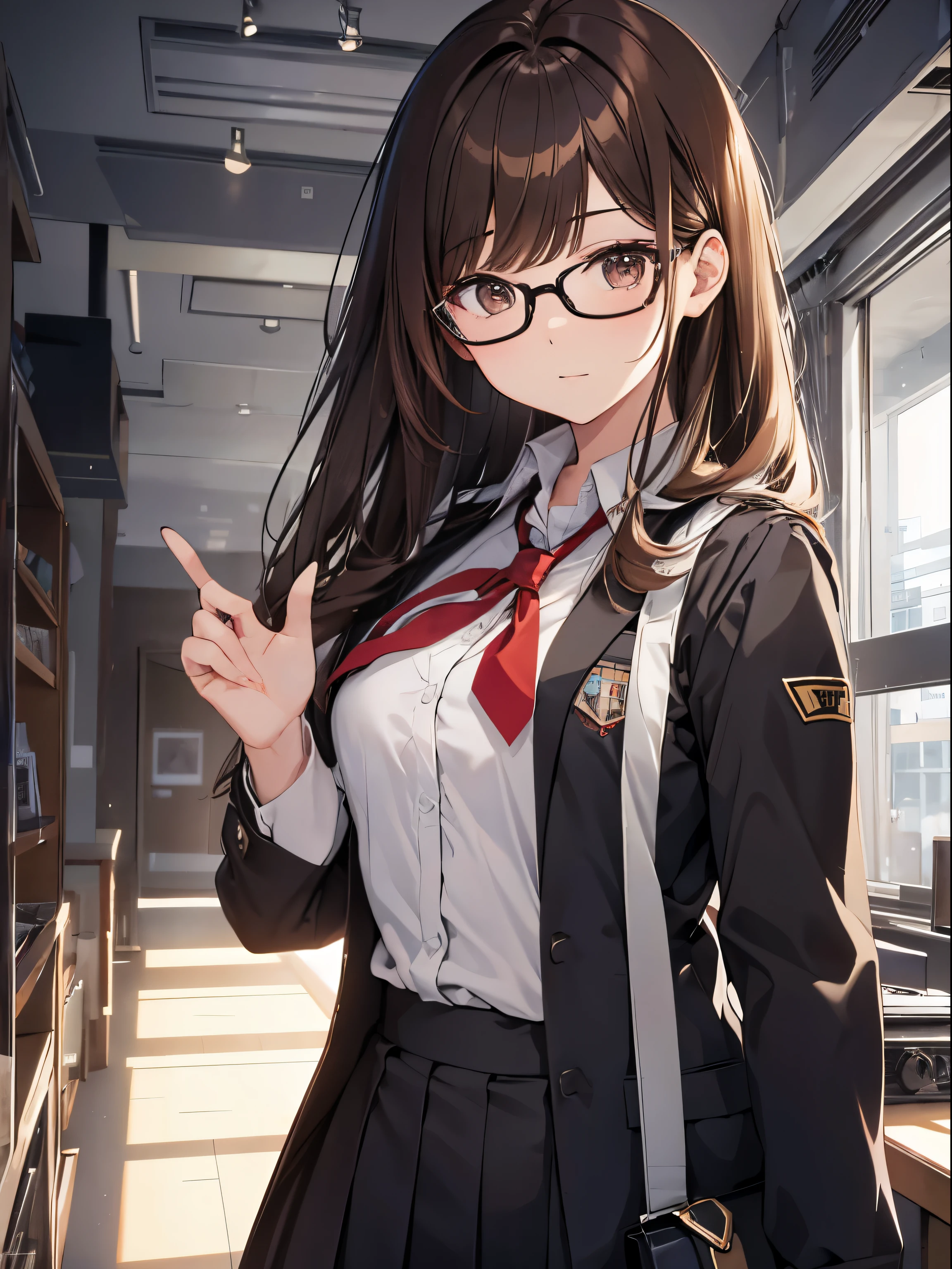 1人の女性、brown haired(Curta)、Brown eyelack-rimmed glasseest Quality、ultra-detailliert、8K resolution、Raw photo、masutepiece、gorgeous faces、Perfect body、schoollazer Uniform