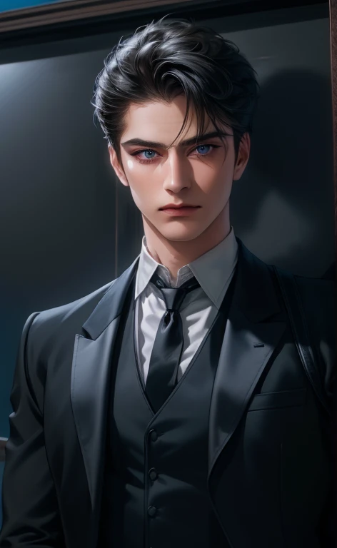 (masterpiece,best quality,ultra_detailed,highres,absurdres),1 mature male, 30-ish, (wide shoulder), (muscular), male focus, solo, short black Quiff hair with Soft Fringe (bangs part on side 3:7 ratio), chain, shirt, black necktie, necktie, background, blue eyes, upper body, vest, short hair, looking at viewer, no smile face, parted lips, collared shirt, round eyewear, long sleeves, hand on own shoulder, black shirt, blue background, white vest, monocle, jewelry.