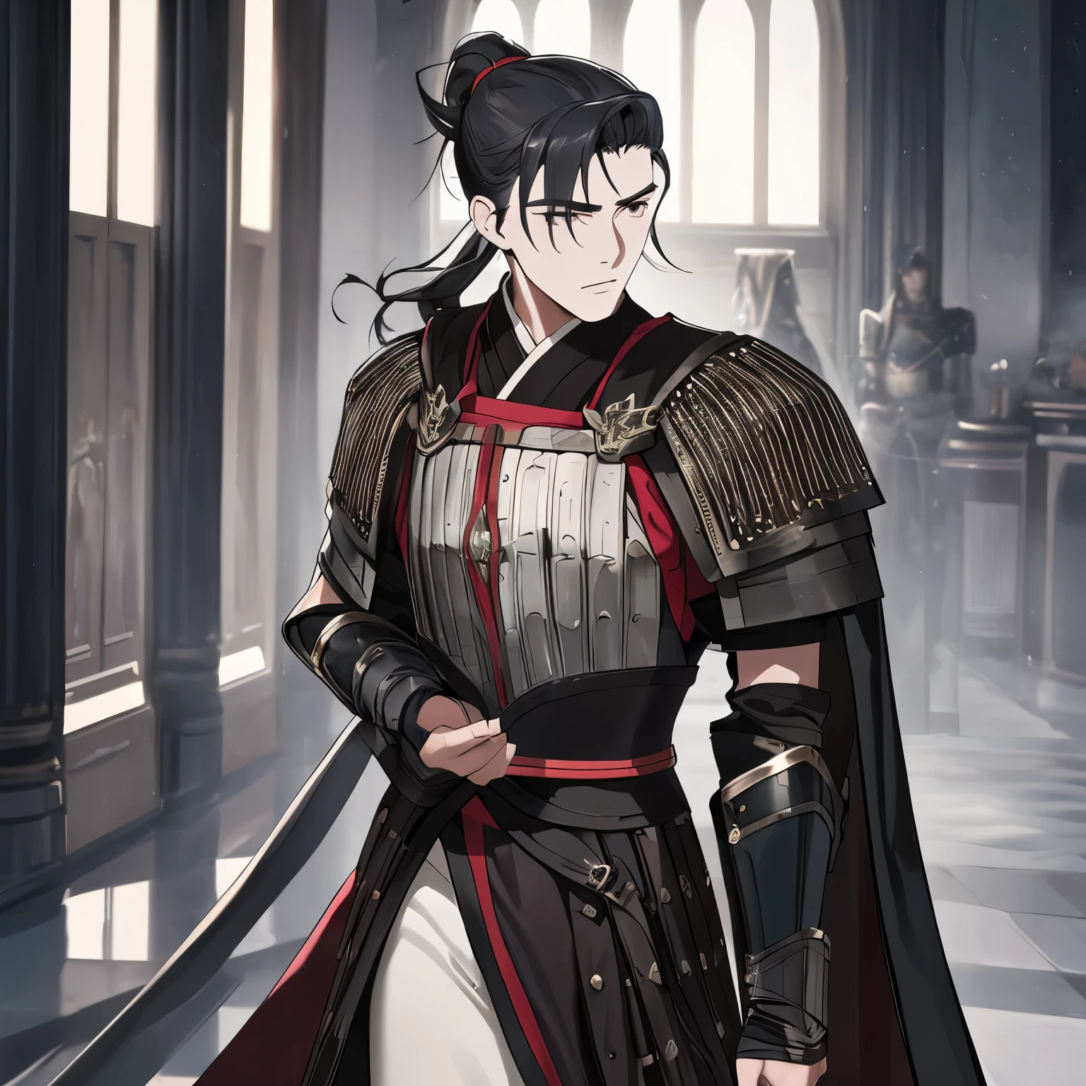 A 20-year-old young man,ancient wind,the only person,(long flowing black hair,high ponytails,:1.3),Armor cape,antique robe,,Stood up,Handsome,Adonis,royal palace interior