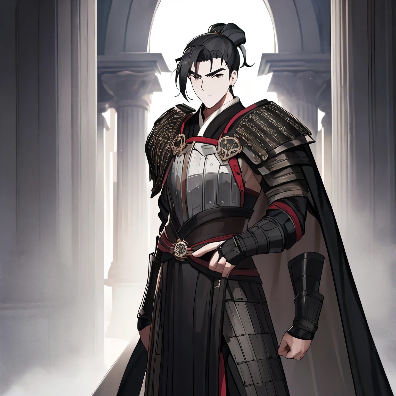 A 20-year-old young man,ancient wind,the only person,(long flowing black hair,high ponytails,:1.3),Armor cape,antique robe,,Stood up,Handsome,Adonis,royal palace interior