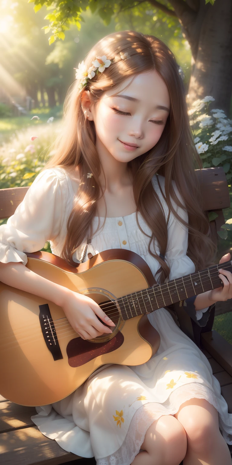 (tmasterpiece, Best quality at best, Photorealistic, A high resolution:1.3), Young girls, (elegant guitarist:1.2), (long chestnut brown hair:1.1), (soft hazel eyes:1.2) exuding warmth, Tranquil outdoor environment, (Sunny garden:1.2), flowers in full bloom, vibrant butterflies, light wind, (White summer dress:1.1), Walking barefoot on the green grass, (acoustic electric guitar:1.2), Fingers gently pluck the strings, (Melodious :1.1), Enchanting melodies fill the air, soft sun light, a warm color palette, peacefulatmosphere, (A satisfied smile:1.2), Close your eyes in harmony, (singing birds:1.2) perch nearby, intimacy with nature, (bench:1.1), old age, (Picnic basket:1.1) Served with fruit and wine, golden hour glow, (Emotional resonance:1.2), bird's eyes view, immerse in the moment, (Scenes:1.3), soft sun light投射出长长的影子, Dense trees in the background, Calm happiness.