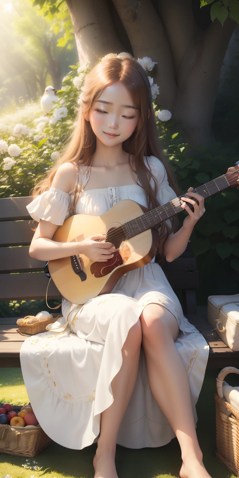(tmasterpiece, Best quality at best, Photorealistic, A high resolution:1.3), Young girls, (elegant guitarist:1.2), (long chestnut brown hair:1.1), (soft hazel eyes:1.2) exuding warmth, Tranquil outdoor environment, (Sunny garden:1.2), flowers in full bloom, vibrant butterflies, light wind, (White summer dress:1.1), Walking barefoot on the green grass, (acoustic electric guitar:1.2), Fingers gently pluck the strings, (Melodious :1.1), Enchanting melodies fill the air, soft sun light, a warm color palette, peacefulatmosphere, (A satisfied smile:1.2), Close your eyes in harmony, (singing birds:1.2) perch nearby, intimacy with nature, (bench:1.1), old age, (Picnic basket:1.1) Served with fruit and wine, golden hour glow, (Emotional resonance:1.2), bird's eyes view, immerse in the moment, (Scenes:1.3), soft sun light投射出长长的影子, Dense trees in the background, Calm happiness.