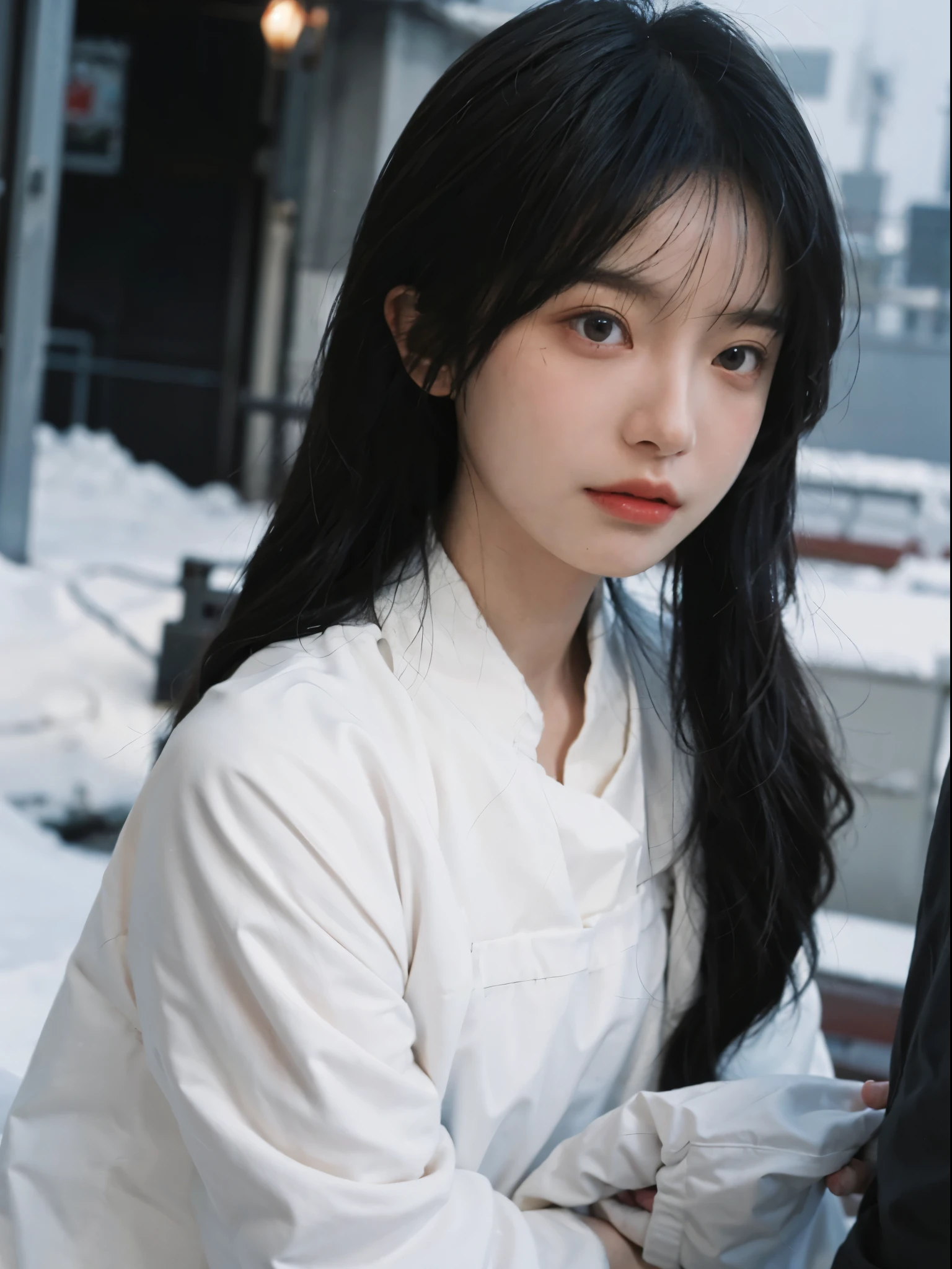 Best quality, 超高分辨率, white backgrounid,(realistically:1.4), girl, A pair of eyes as clear as snow,Imperial sister,Black long straight, looking at viewert, close up ,