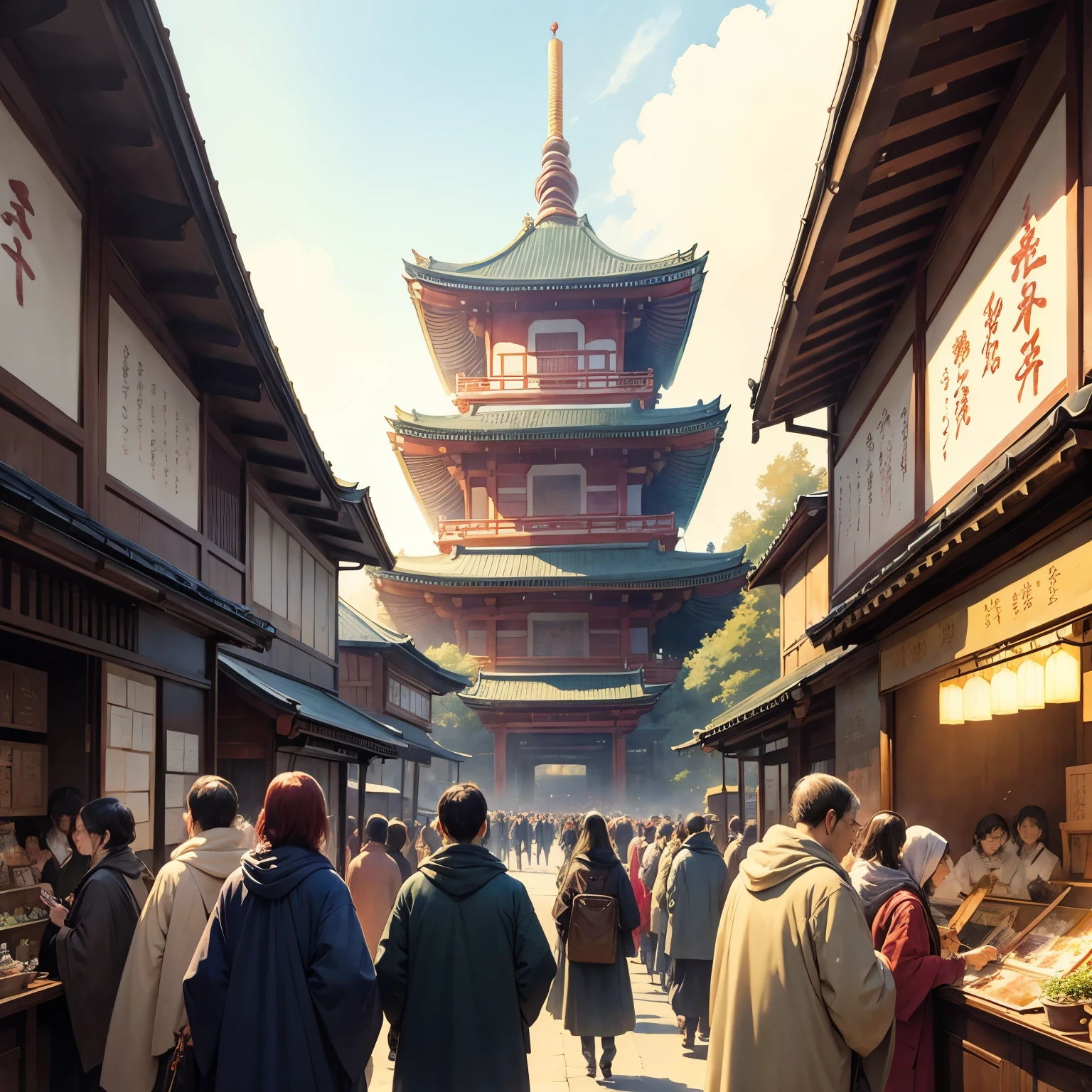 masterpiece watercolor painting style art, scenery painting, New Year's, shrine grounds crowded with people, approach to the shrine