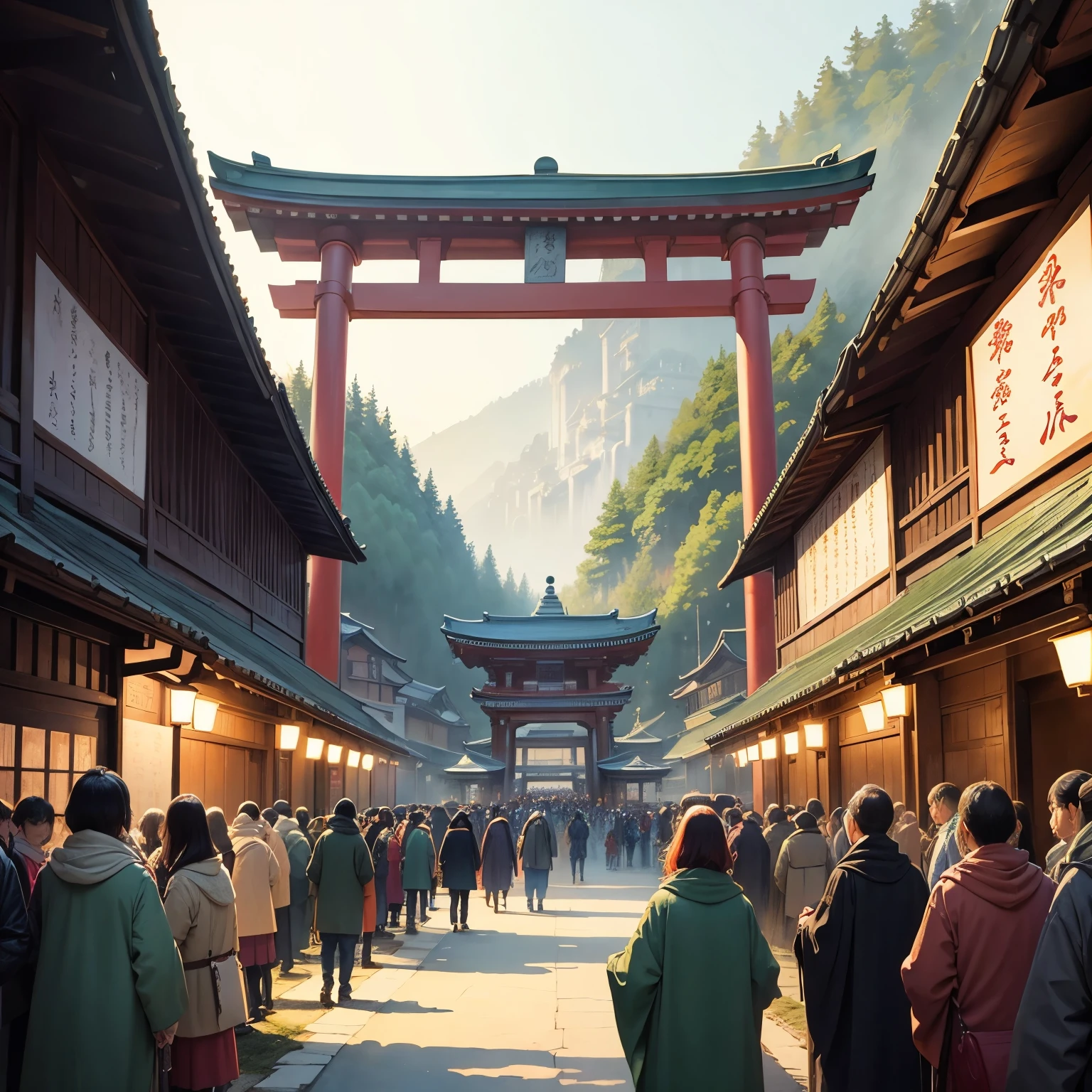 masterpiece watercolor painting style art, scenery painting, New Year's, shrine grounds crowded with people, approach to the shrine