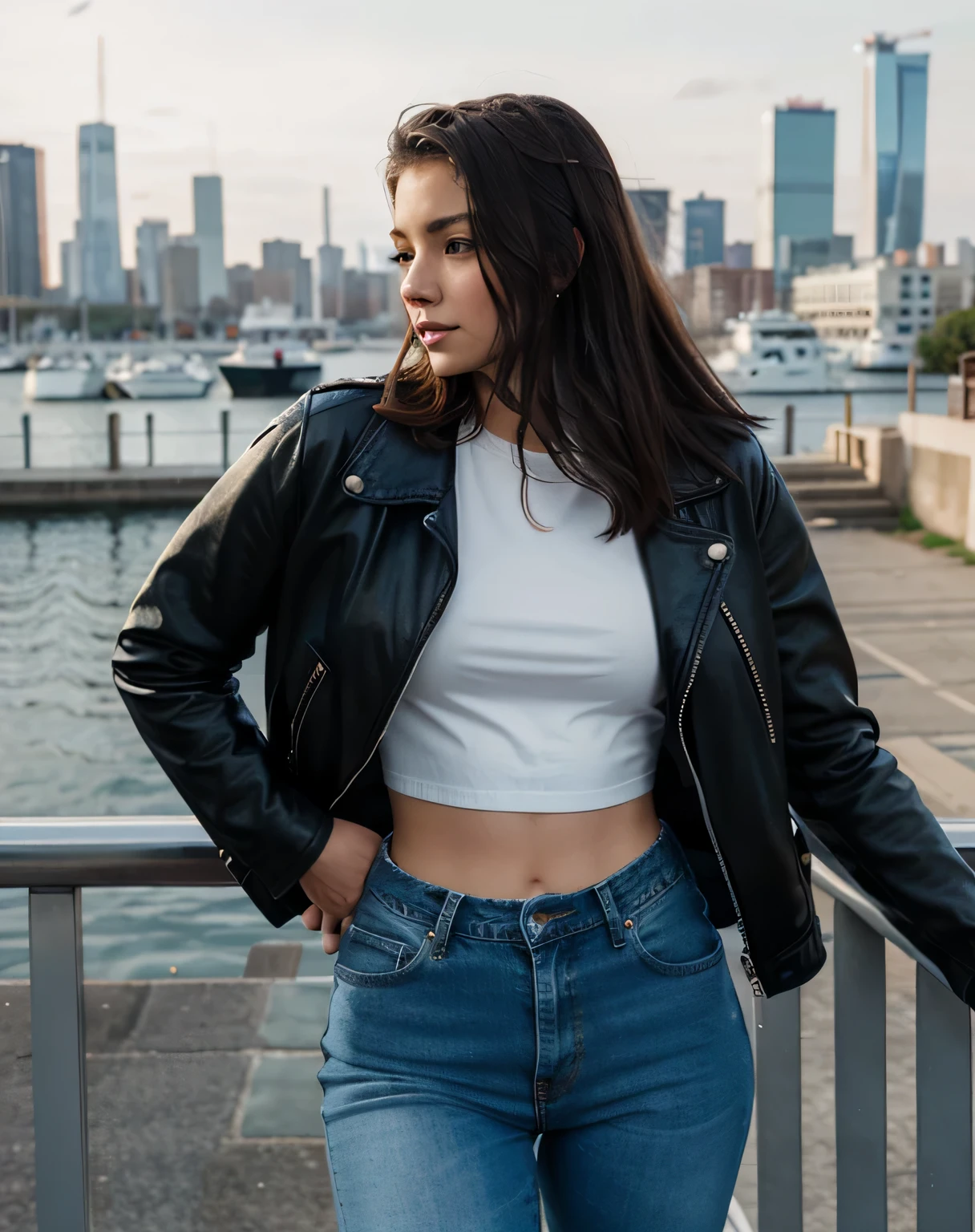 show entire body, marina and city scape, photograph of a 20yo woman, perfect face, master part, key light on hair, tight light-blue jeans, black leather jacket, side, looking away from viewert