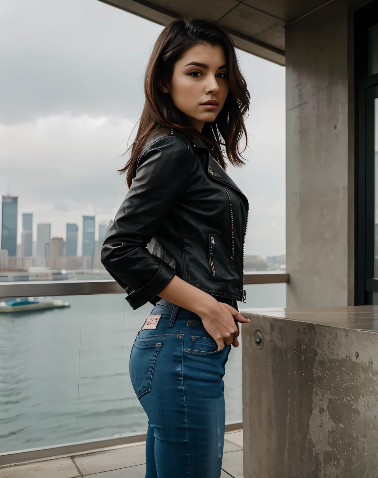 show entire body, marina and city scape, photograph of a 20yo woman, perfect face, master part, key light on hair, tight light-blue jeans, black leather jacket, side, looking away from viewert