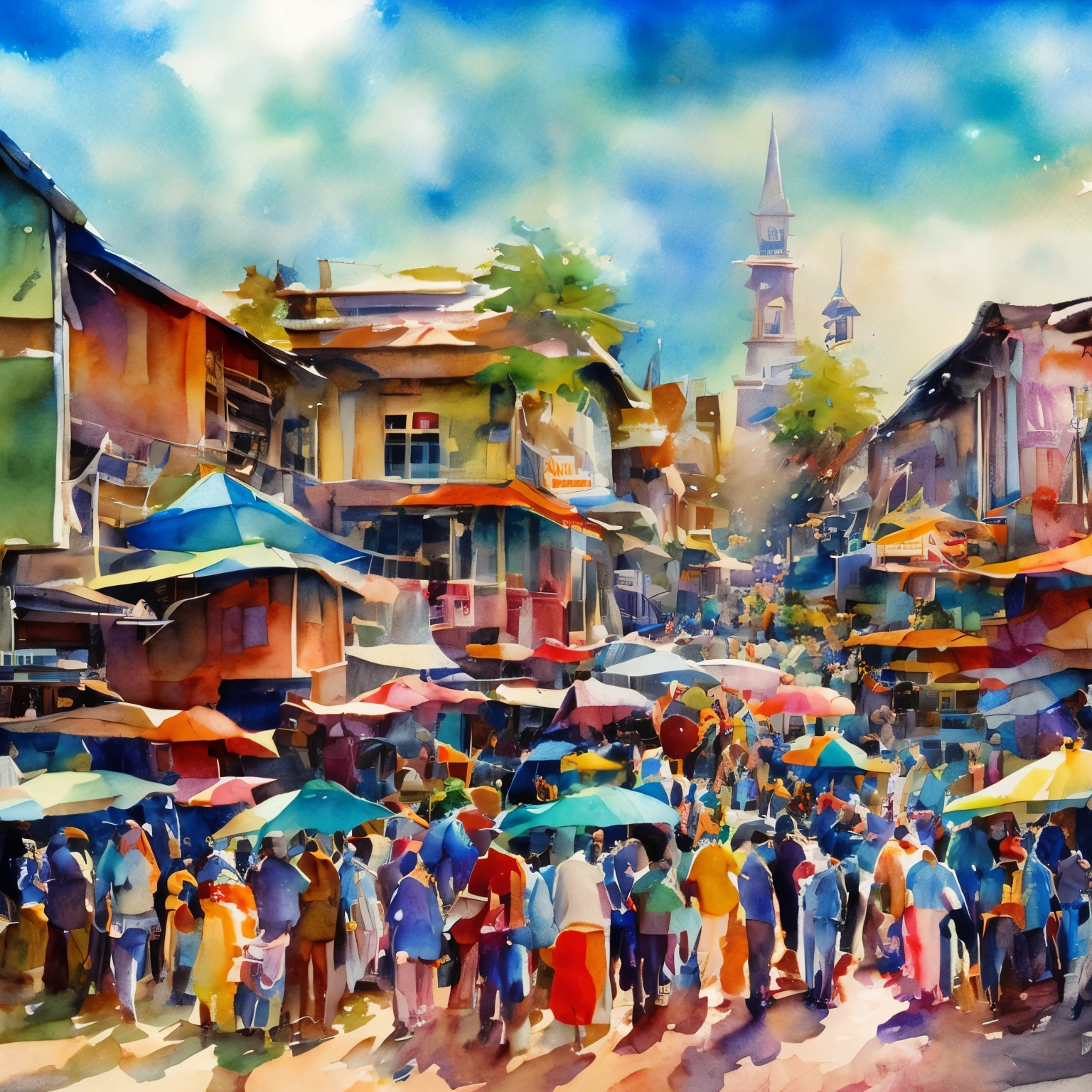 masterpiece watercolor painting style art, scenery painting, New Year's, shrine grounds crowded with people, approach to the shrine, portrait by Willem Haenraets, watercolor, wet on wet and sputtering technique, abstraction, splash paint, clouds wet to wet techniques, rice paper texture