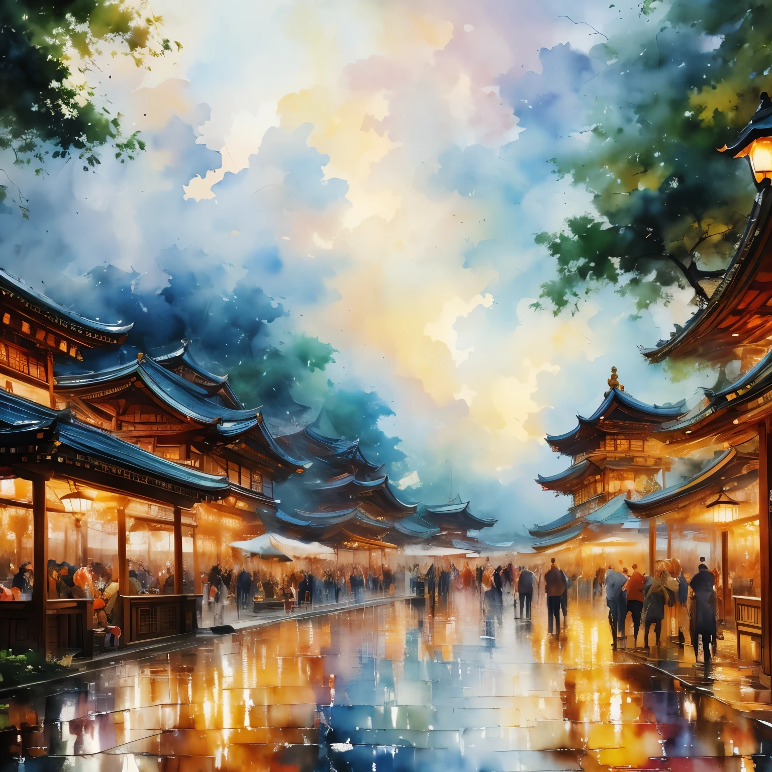 masterpiece watercolor painting style art, scenery painting, New Year's, shrine grounds crowded with people, approach to the shrine, portrait by Willem Haenraets, watercolor, wet on wet and sputtering technique, abstraction, splash paint, clouds wet to wet techniques, rice paper texture