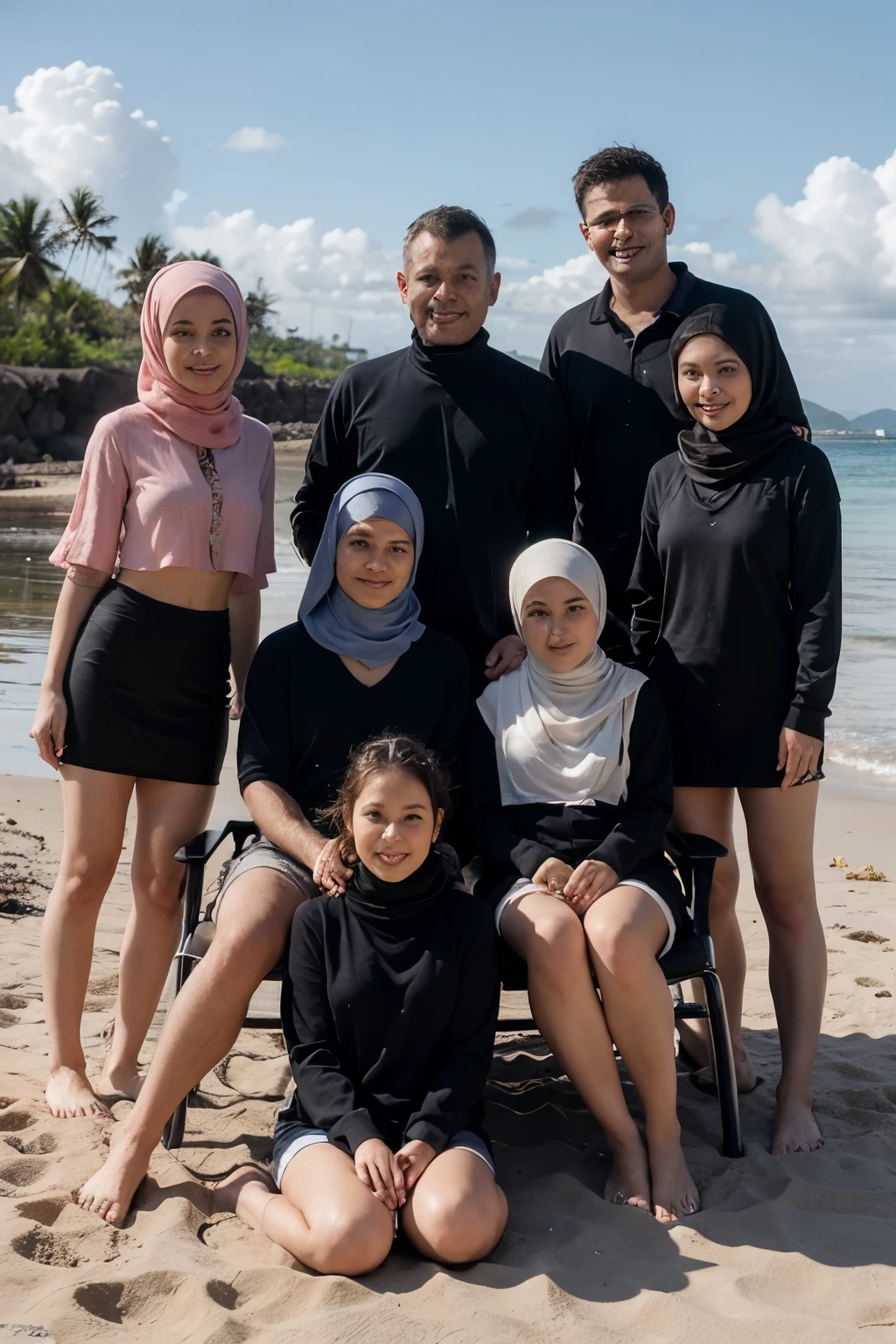 Family picture of 7 mom dad girl 19 boy 17 girl  boy 13 boy 8 sitting on beach in Mauritius girls wearing hijab