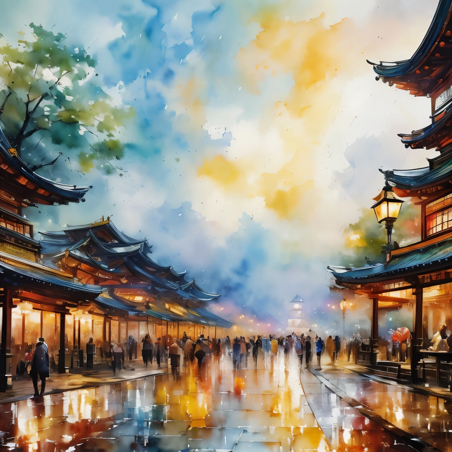 masterpiece watercolor painting style art, scenery painting, New Year's, shrine grounds crowded with people, approach to the shrine, portrait by Willem Haenraets, watercolor, wet on wet and sputtering technique, abstraction, splash paint, clouds wet to wet techniques, rice paper texture