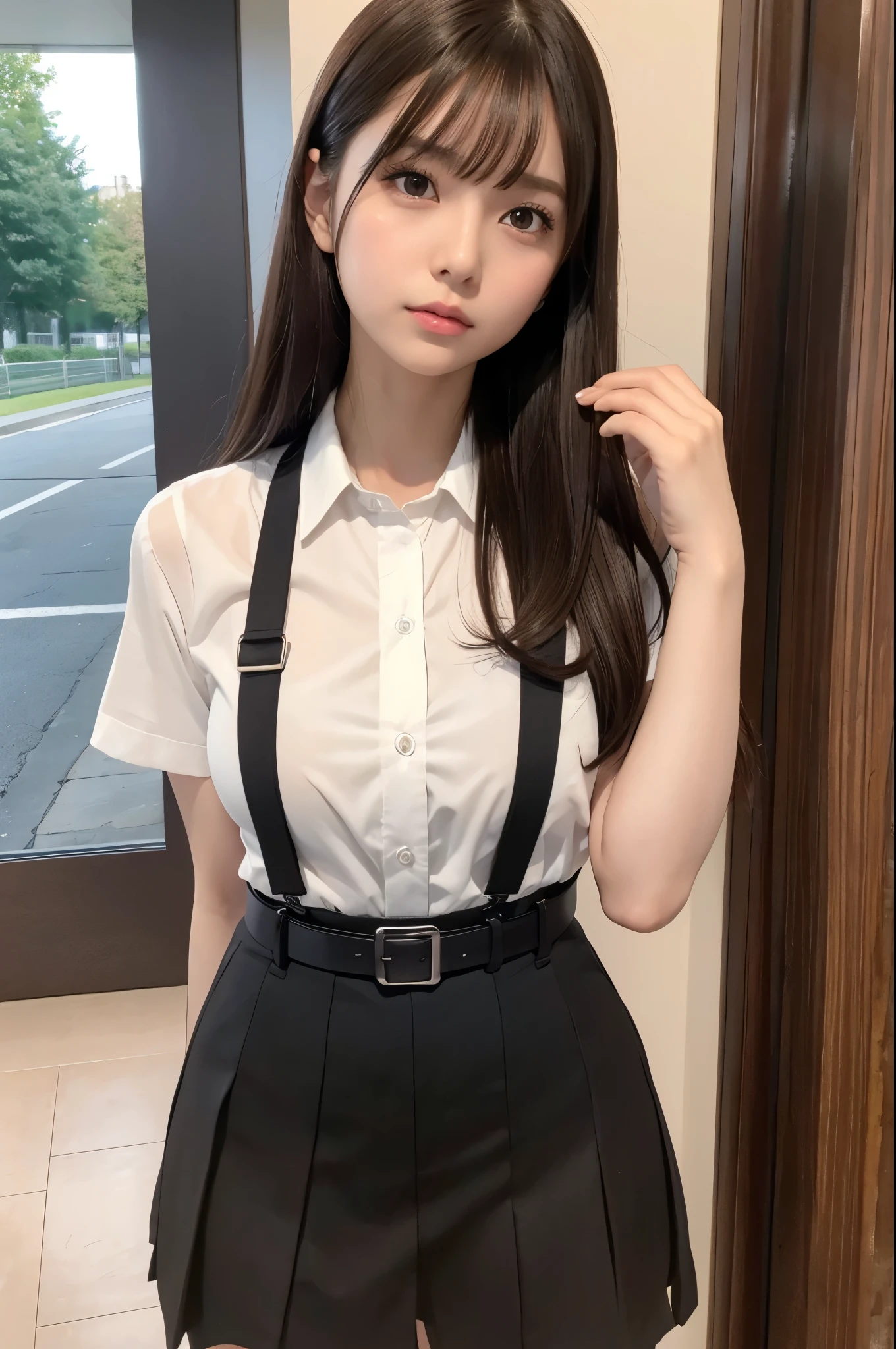 Brown hair、watching at viewers　　suspenders　　　big breasts　　 　 　　　　Black miniskirt　garterbelts　knee high socks　　　　　　Gaze　　　Small face　bangss 　　　　　Beautuful Women　　hands up　　 　Gaze 　Black boots 　　　Armpit sweat　soio 　　Fold your hands behind your back　Belt Shirt　teats