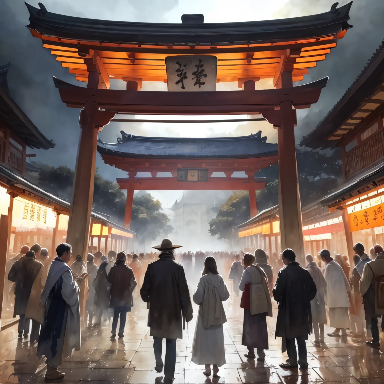 masterpiece watercolor painting style art, scenery painting, New Year's, shrine grounds crowded with people, approach to the shrine, portrait by Willem Haenraets, watercolor, wet on wet and sputtering technique, abstraction, splash paint, clouds wet to wet techniques, rice paper texture