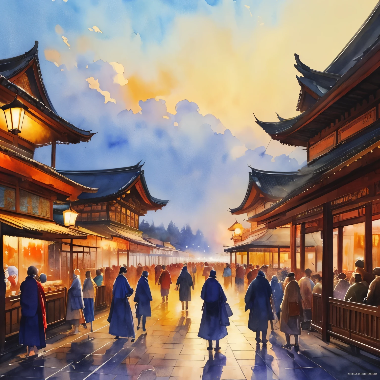 masterpiece watercolor painting style art, scenery painting, New Year's, shrine grounds crowded with people, approach to the shrine, portrait by Willem Haenraets, watercolor, wet on wet and sputtering technique, abstraction, splash paint, clouds wet to wet techniques, rice paper texture