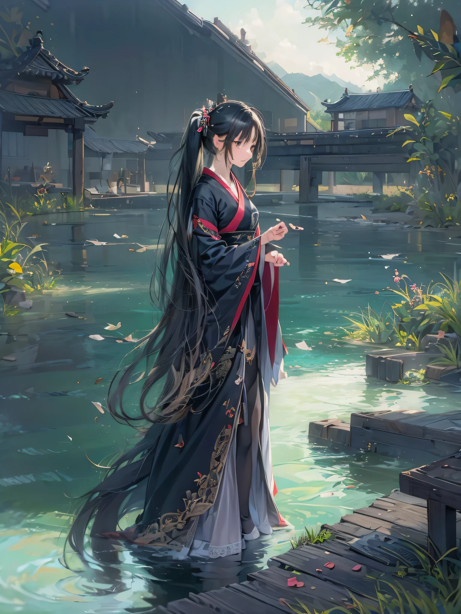 teen girl solo, Spoiled face,  Black twin tail hair, black hanfu dress, standing by the lake