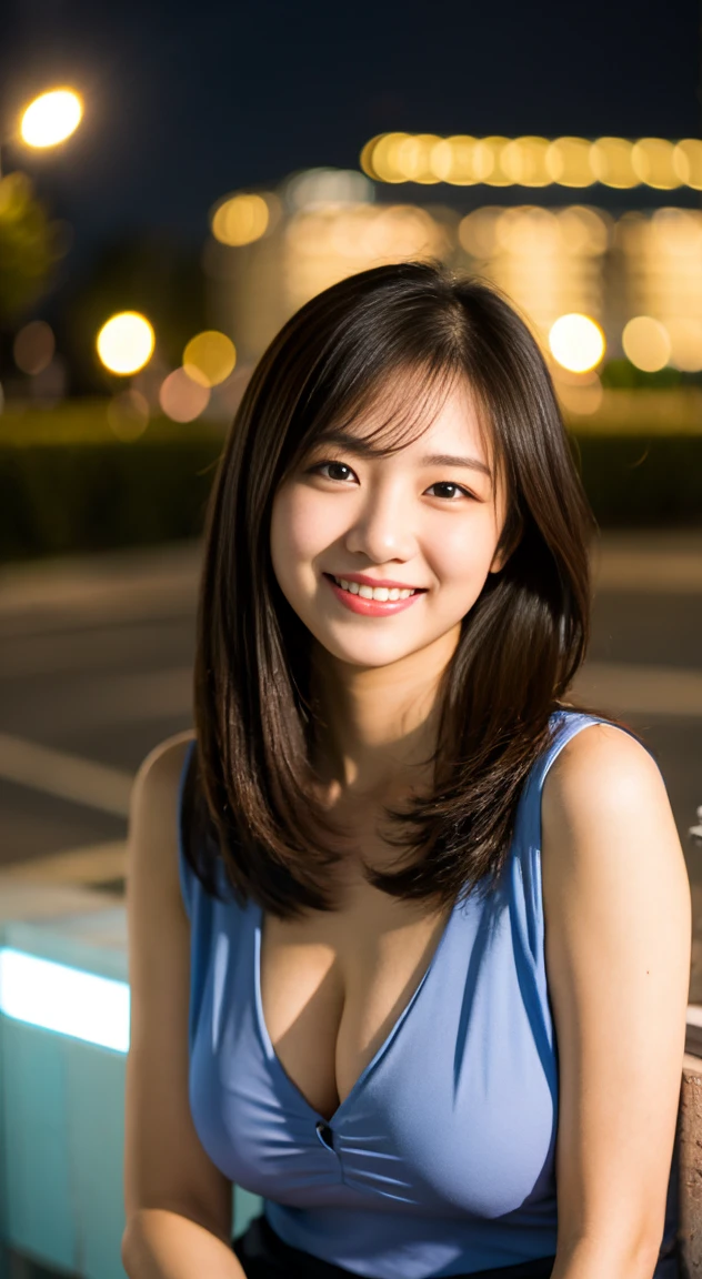 matured female , best quality, hires, detailed face , blouse , smile , breast , chest, night view , cute , beautiful