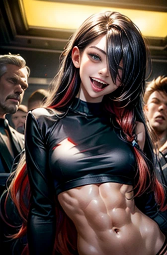 (hair over one eye:1.2), (tareme), open mouth, (tongue out:1.3), laughing, teeth fangs, oral invitation, slender, well toned abs, mekakure, black shirt and white suit, (staring at me with a provocative smile:1.2), arm to head, multicolored long hair, asymmetrical messy hair, cyberpunk lighting, cinematic angle, Rule of thirds,