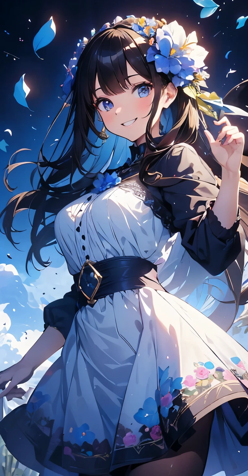 (masutepiece), (Best Quality), Highly detailed, One girl, Solo Focus,Perfect face, Beautiful face, extra detailed face,(A dark-haired:1.3),(Happy smiling face:1.3),Large flower garden,butterflys々,flower petals,optic,blue-sky