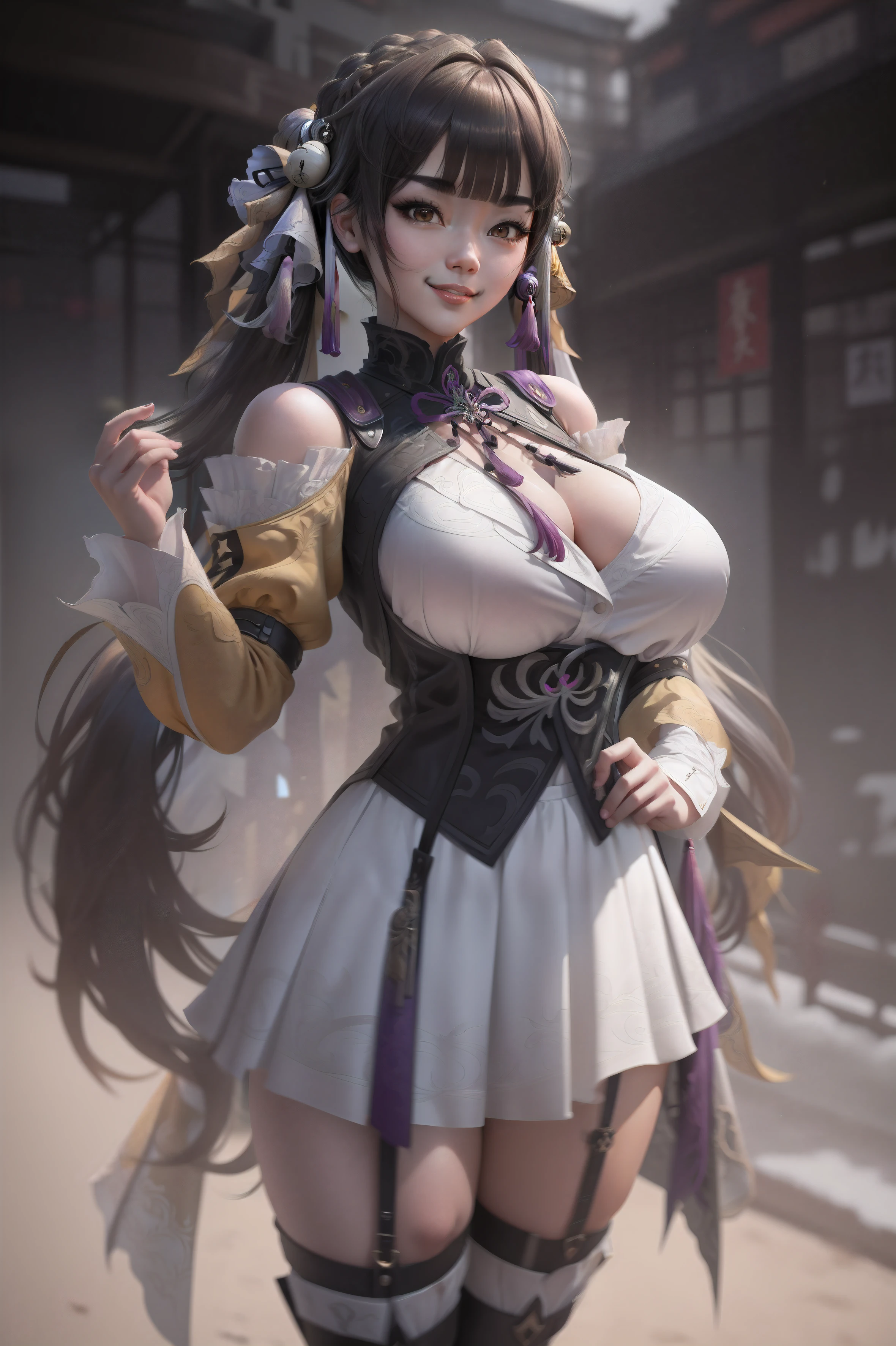 fullbody portrait, masterpiece, best quality,sushang,1girl, smile,cowboy shot, grey background, gigantic breasts,large, very short skirt, pantie, ((gigantic_breasts))), random sexy pose