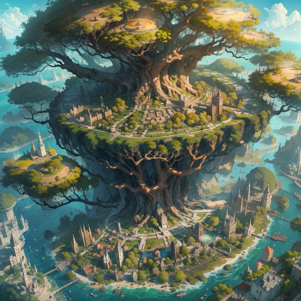 The farthest aerial view, an island in the sea, There is a huge spiritual tree on the island that is as huge as the world, This is the base of natural magicians, It is a fantasy-style magic city, The giant tree is surrounded by the buildings of the Magic Academy and the village。the Sun Shining，A continuous city-state